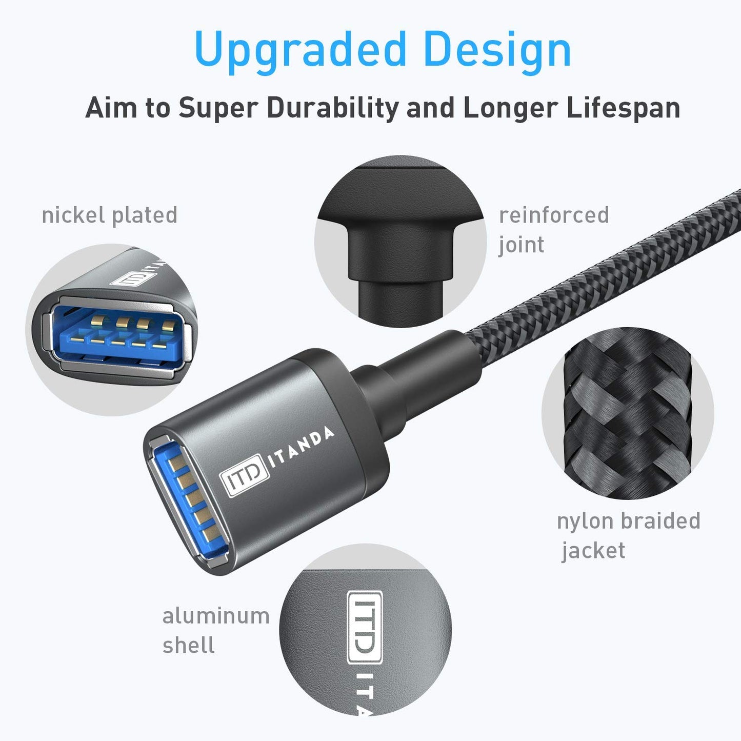 ITD ITANDA 1.5FT USB Extension Cable USB 3.0 Extension Cord Type A Male to Female 5Gbps Data Transfer for Keyboard, Mouse, PlayStation, Xbox, Flash Drive, Printer, Camera and More, Grey