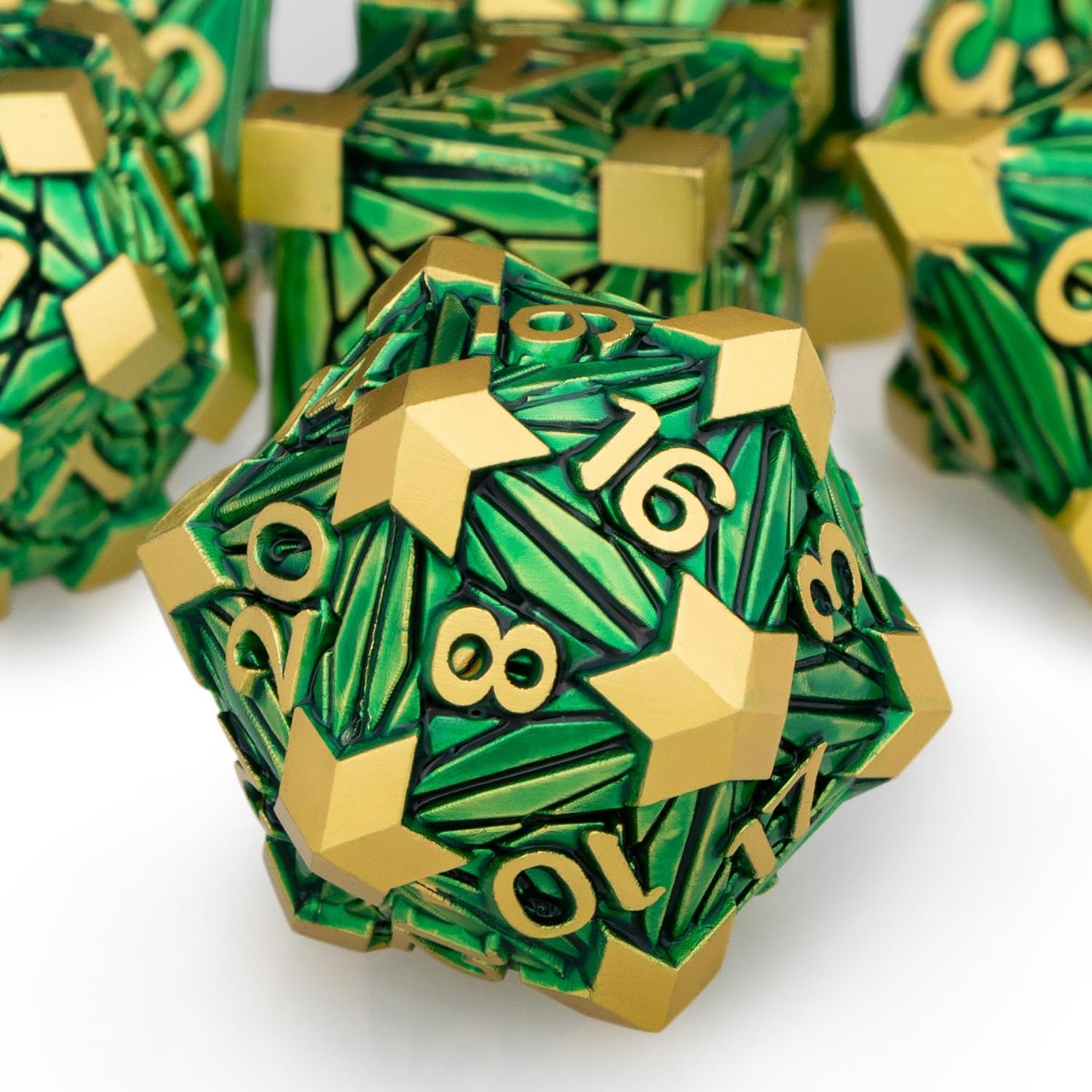 Metal DND Dice Set with Box, Debris RPG Green Golden D and D Dice for use with D&D Tabletop Games Role Playing Game Polyhedral Dice Set D20 D12 D10 D8 D6 D4
