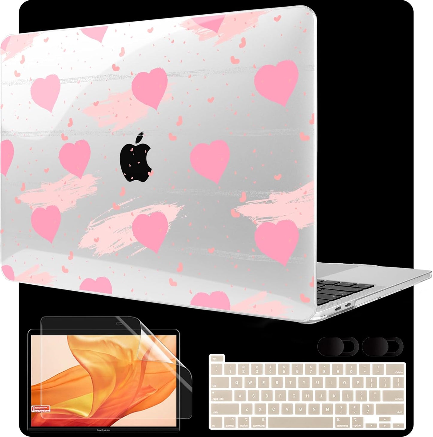 MEEgoodo Case for MacBook Pro 13 inch Case 2022 2021 2020 New A2338 M2/M1 A2251 A2289, Hard Shell with Keyboard & Camera Cover Compatible with 13 inch MacBook Pro, Watercolor Hearts & Grunge Elements