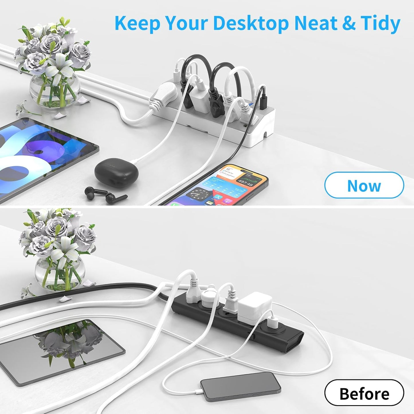 Clamp Power Strip Tall, 40W Fast Charging Station,Desk Mount Desk Shelf with 6 Outlets 6USB Ports (2USB C), 10Ft Extension Cord Home Office Essentials, Fit 2.48" Tabletop Edge