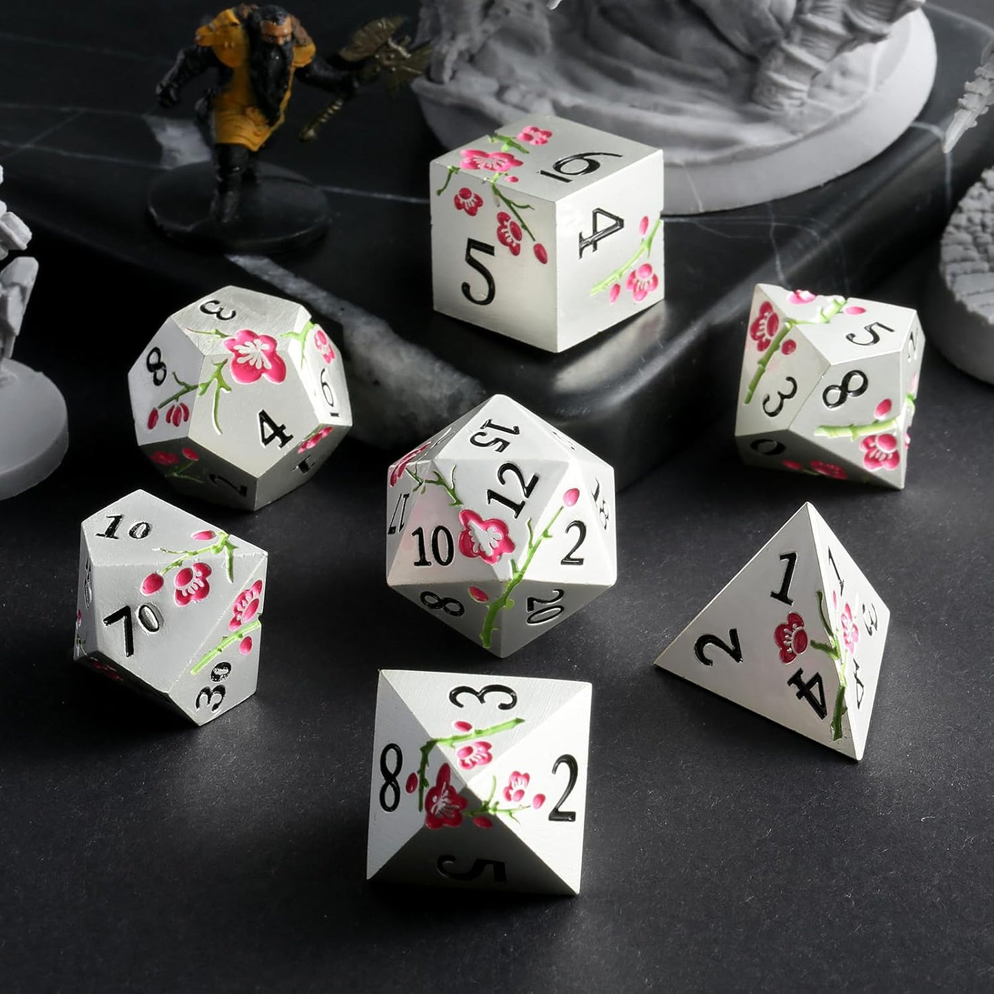 Metal Dungeons and Dragons Dice DNDND 7 PCS Heavy Metallic Flower D&D Dice Set with Gorgeous Gift Case for DND Tabletop Game (Matte Silver with Pink Flower)