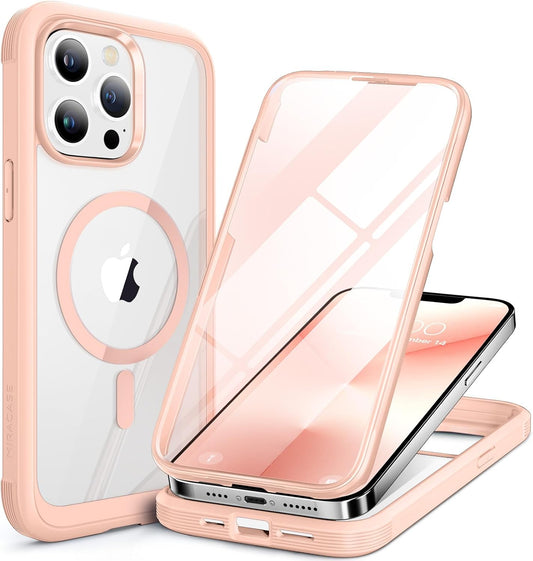 Miracase Magnetic Glass for iPhone 13 Pro Case,Compatible with MagSafe,Full-Body Bumper with Shockproof Military-Grade,Built-in 9H Tempered Glass Screen Protector for iPhone 13 Pro,Pink