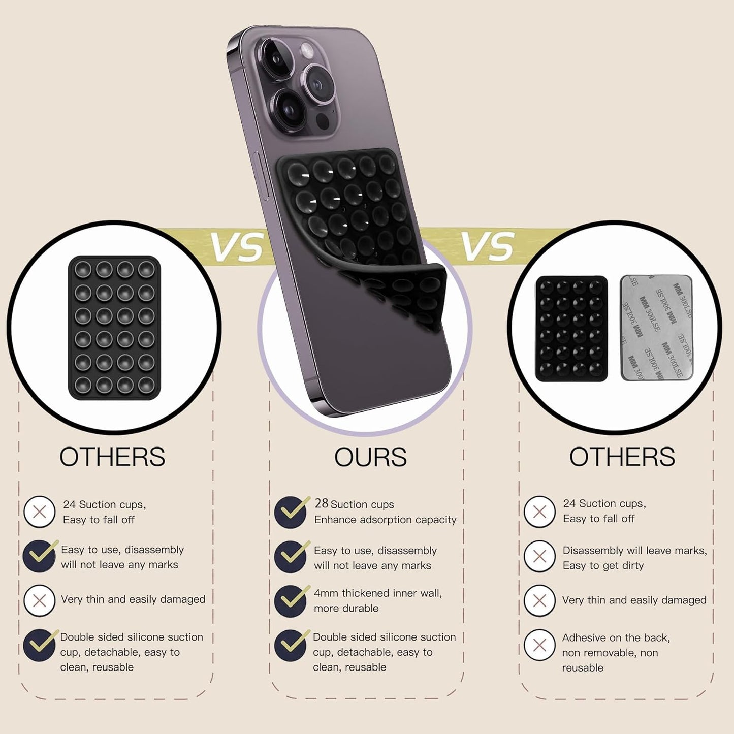 Silicone Double-Sided Suction Phone Grip Detachable Mount - Car Dashboard/Shower Phone Holder, Hands-Free For Selfies & Videos, TikTok/ASMR - iphone & Android Compatible (3.74"x2.2", White+Baby Blue)