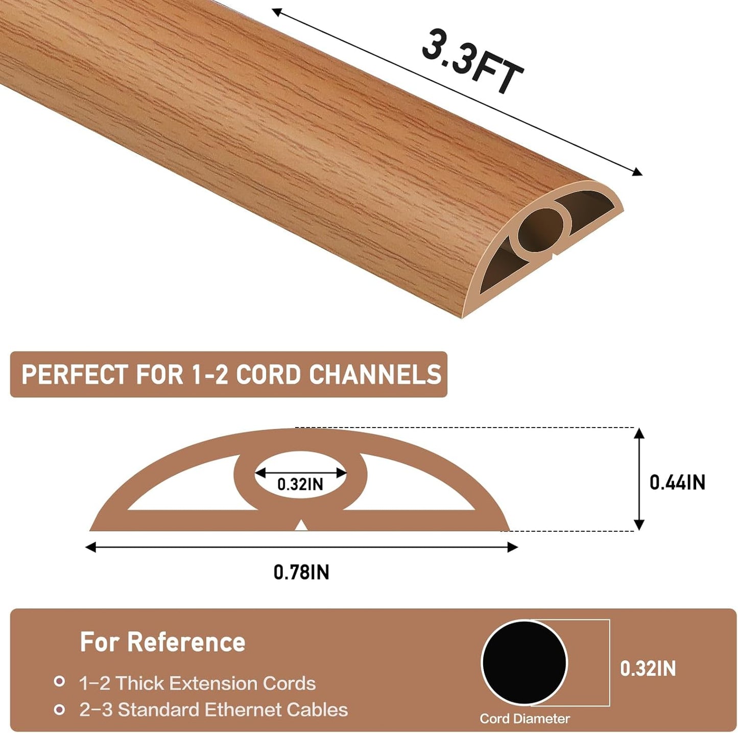 Floor Cord Cover Self Adhesive Cord Hider Floor Extension Cord Covers for Floor Power Cord Protector Cable Management Prevent Cable Trips Cable Cavity 0.32" W x 0.32" H (Light Brown Wood, 3.3Ft)