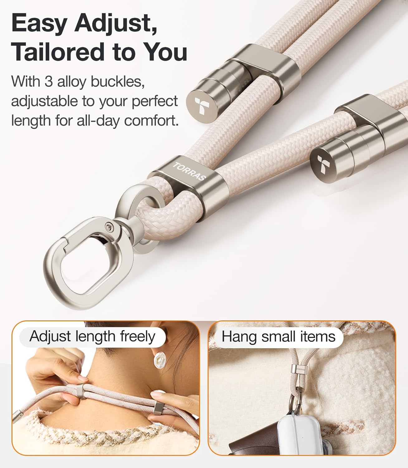 TORRAS Phone Lanyard Crossbody with 2 Phone Tabs, Adjustable Anti Theft Strap for All Cellphone, Premium Metal Buckles, Skin-Friendly, Universal Cellphone Neck lanyard for Travel Essentials, Beige
