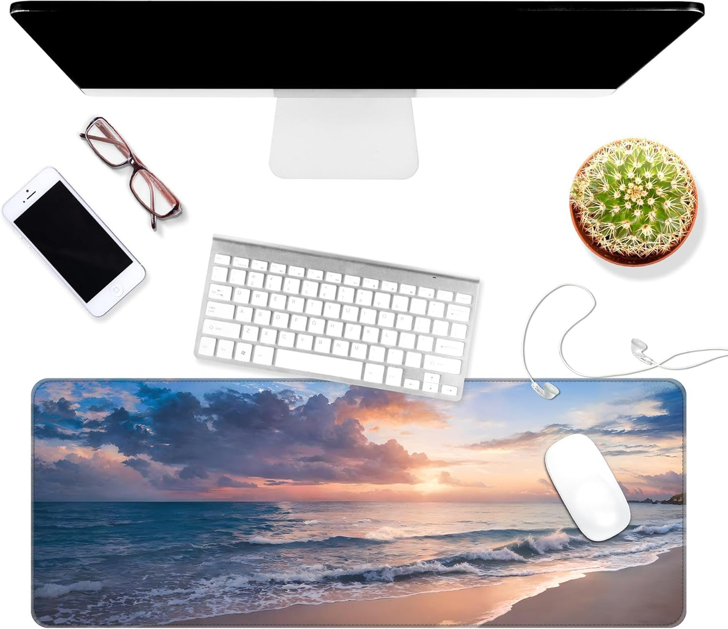 Dynippy Thin Extended Gaming Mouse Pad with Stitched Edges Large Mousepad Long XXL Keyboard and Mouse pad Desk Mat for Gaming Office & Home - Galaxy Space (Beach)