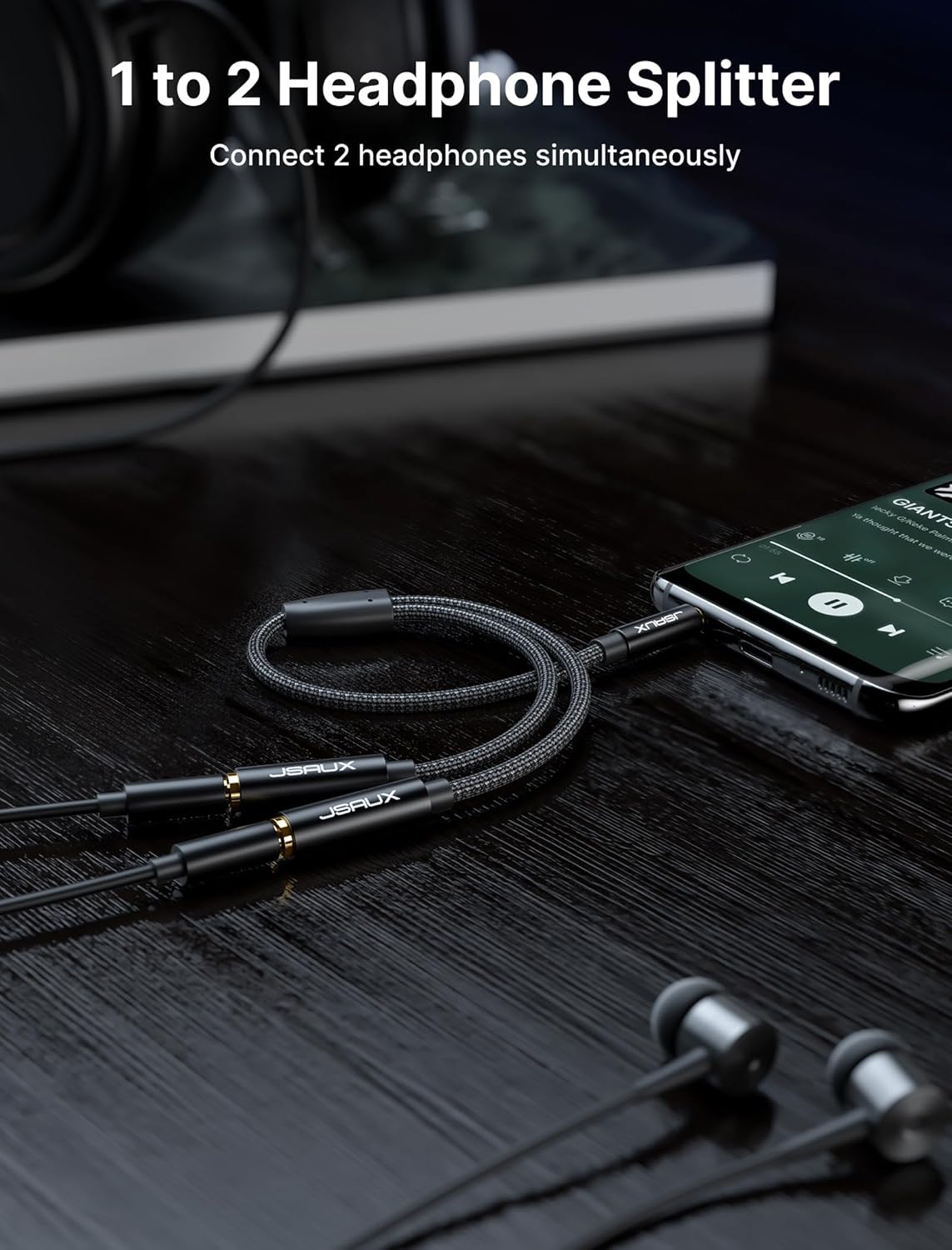 JSAUX Headphone Splitter, Audio Splitter 3.5mm Male TRS to 2 Dual 3.5mm Female Adapter Nylon-Braided Stereo Y Aux Cable for iPhone, Samsung, Tablets, Laptop, PlayStation and More [Black]