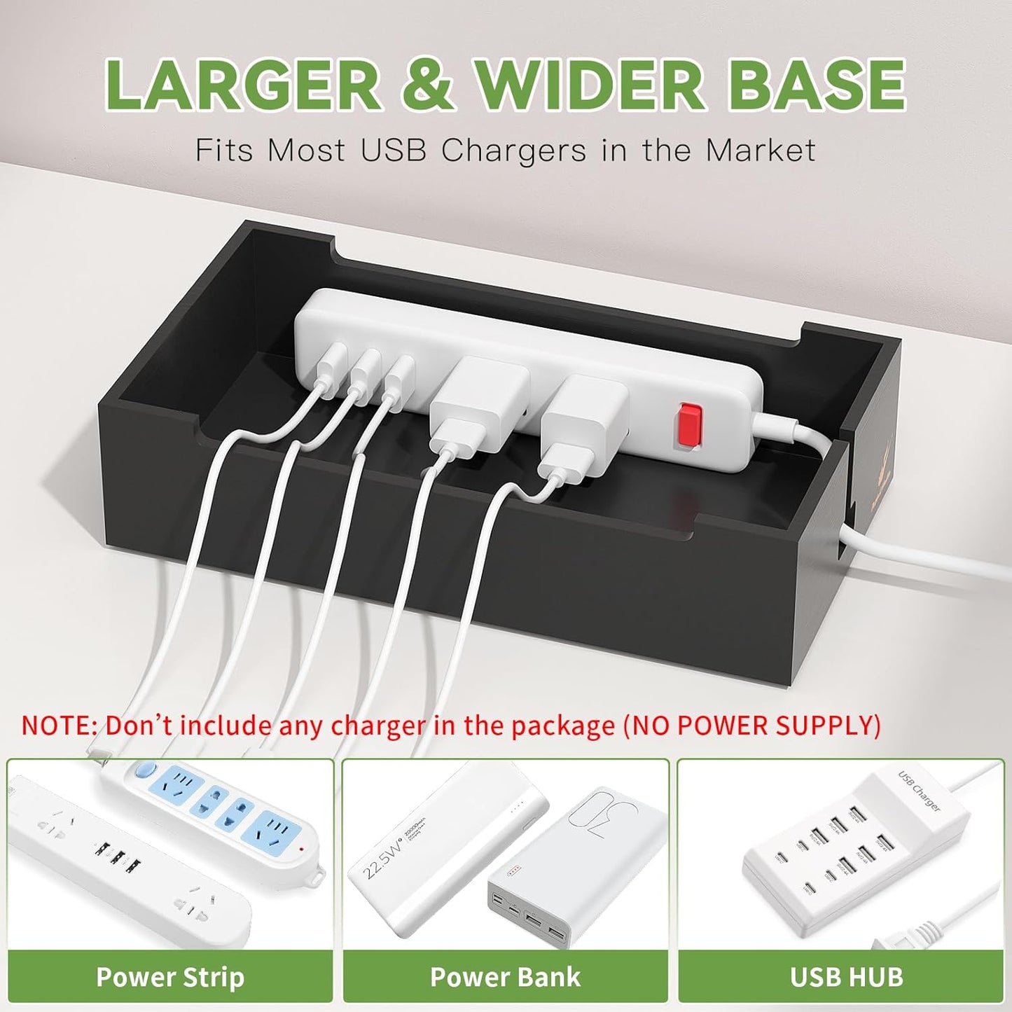 Pezin & Hulin Cord Organizer Box, Surge Protector Organizer, Device Charger Station for Phones & Tablets, Wood Charging Dock -with 6 Wire Cables, BUT NO Power Supply - Natural + Black