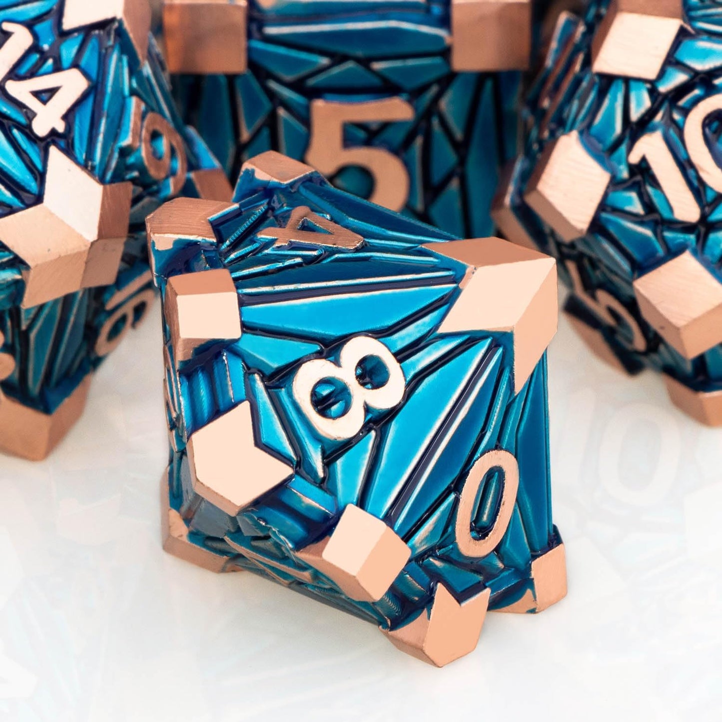 7PCS Metal DND Dice Set with Box, Debris RPG Copper Blue D and D Dice for use with D&D Tabletop Games Role Playing Game Polyhedral Dice Set D20 D12 D10 D8 D6 D4