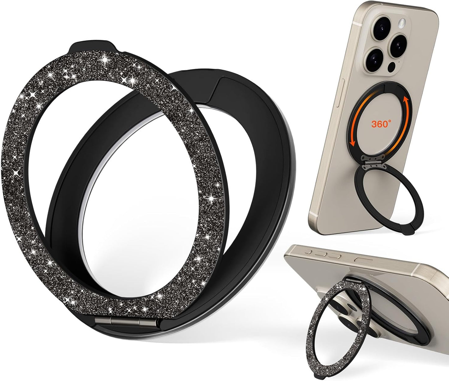 COOLQO Upgraded Magnetic Phone Ring Holder Stand, Super Magnet Cell Phone Grip Finger Kickstand Compatible with MagSafe Mag Safe Accessory for iPhone All Smartphones (1-Glitter Black)
