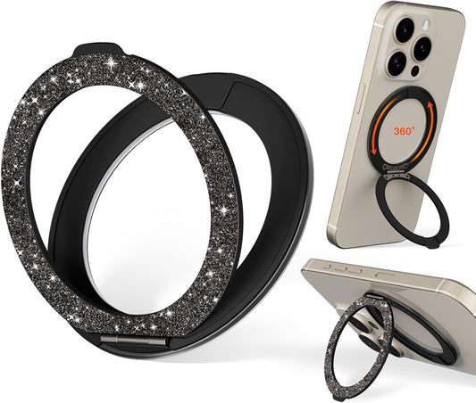 COOLQO Upgraded Magnetic Phone Ring Holder Stand, Super Magnet Cell Phone Grip Finger Kickstand Compatible with MagSafe Mag Safe Accessory for iPhone All Smartphones (1-Glitter Black)