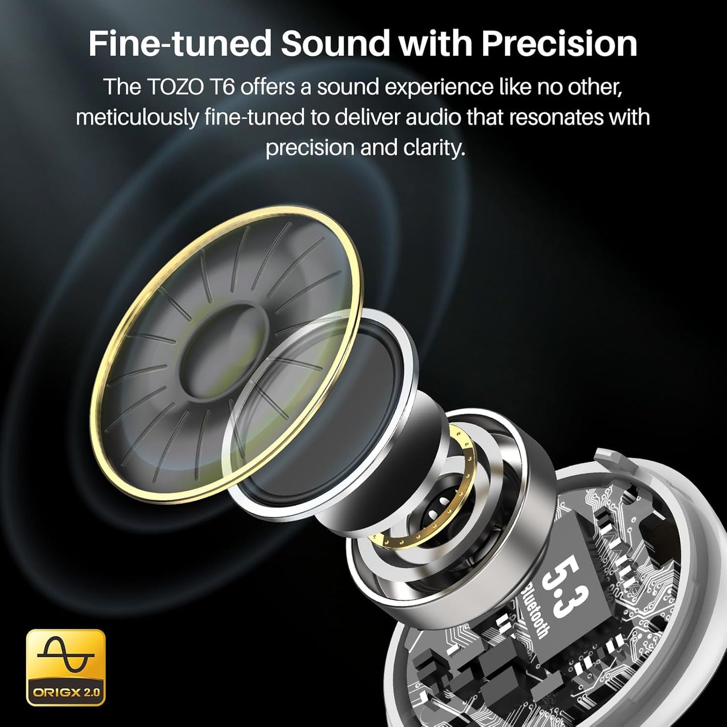 TOZO T6 Wireless Earbuds, Bluetooth 5.3 Ear Buds, Stereo Sound in Ear Headphones, 50 Hours Playtime, Wireless Charging Case, APP Customizable EQs, IPX8 Waterproof Earphones