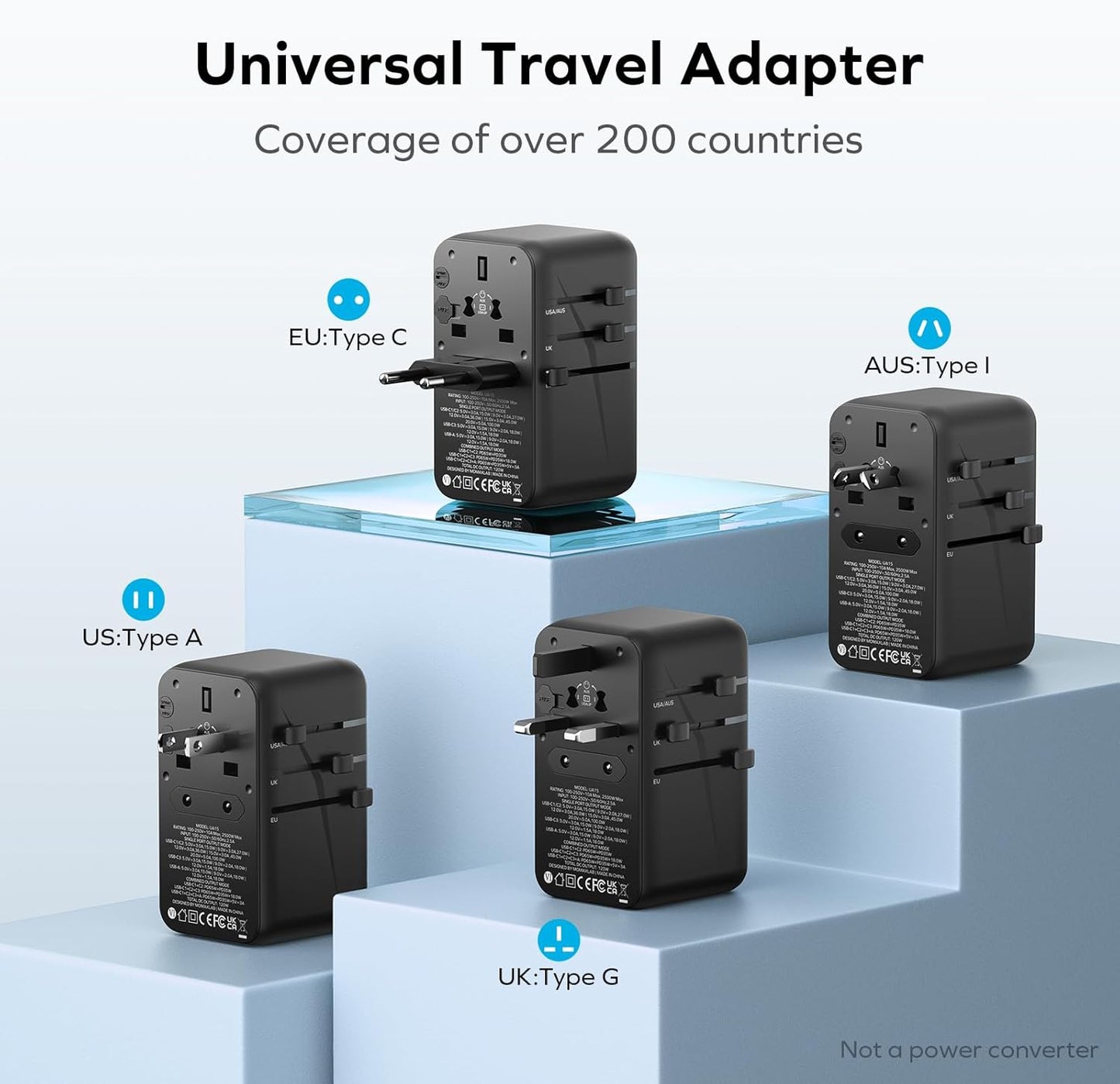 MOMAX Universal Travel Adapter, 120W GaN Fast International Power Adapter, 3 USB C & 1 USB A, Worldwide Travel Plug Adapter, All-in-One Worldwide Wall Charger for USA European UK AUS (Type C/G/A/I)