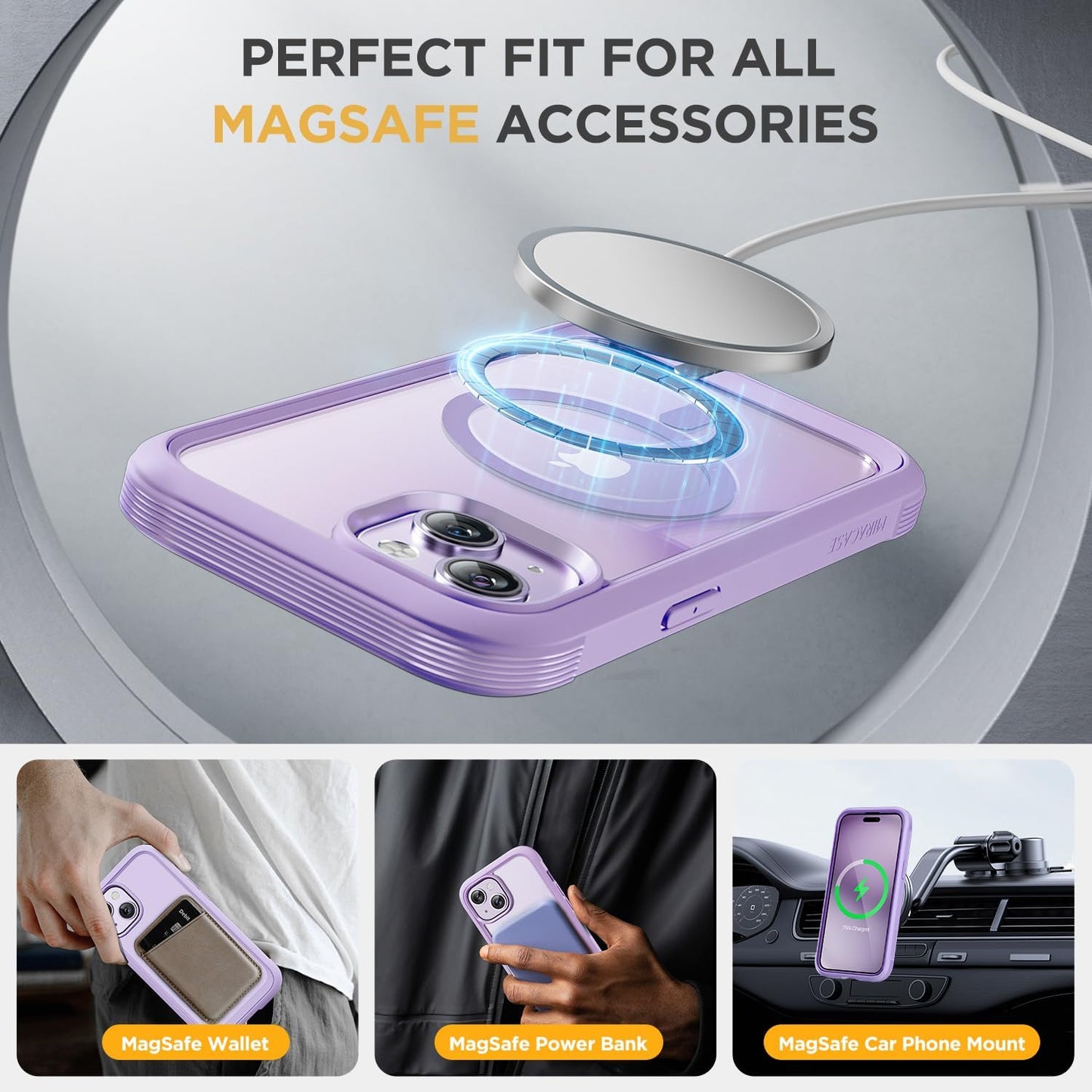 Miracase Magnetic for iPhone 14 Case 6.1", [Built-in Tempered Glass Screen Protector + Lens Protector] [Compatible with MagSafe] Full-Body Protective Bumper 14 Phone Cover, Purple