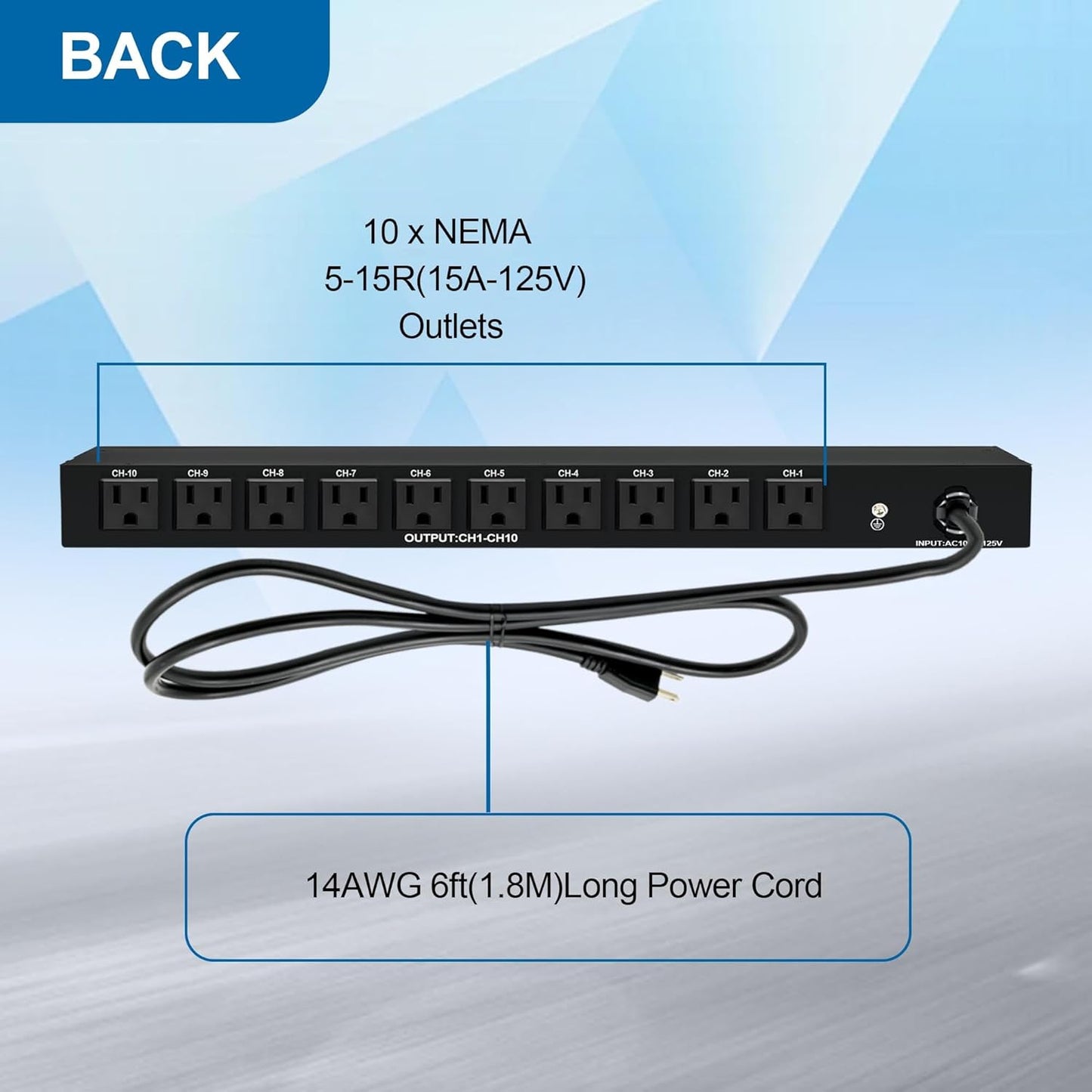10 NEMA 5-15R Outlet Surge Protector PDU, 120V 15A 3600J 10KA, 1U Rack Mount Power Strip for Network Server Racks, AV Equipment, & More - 14AWG 6ft Cord, ETL Listed