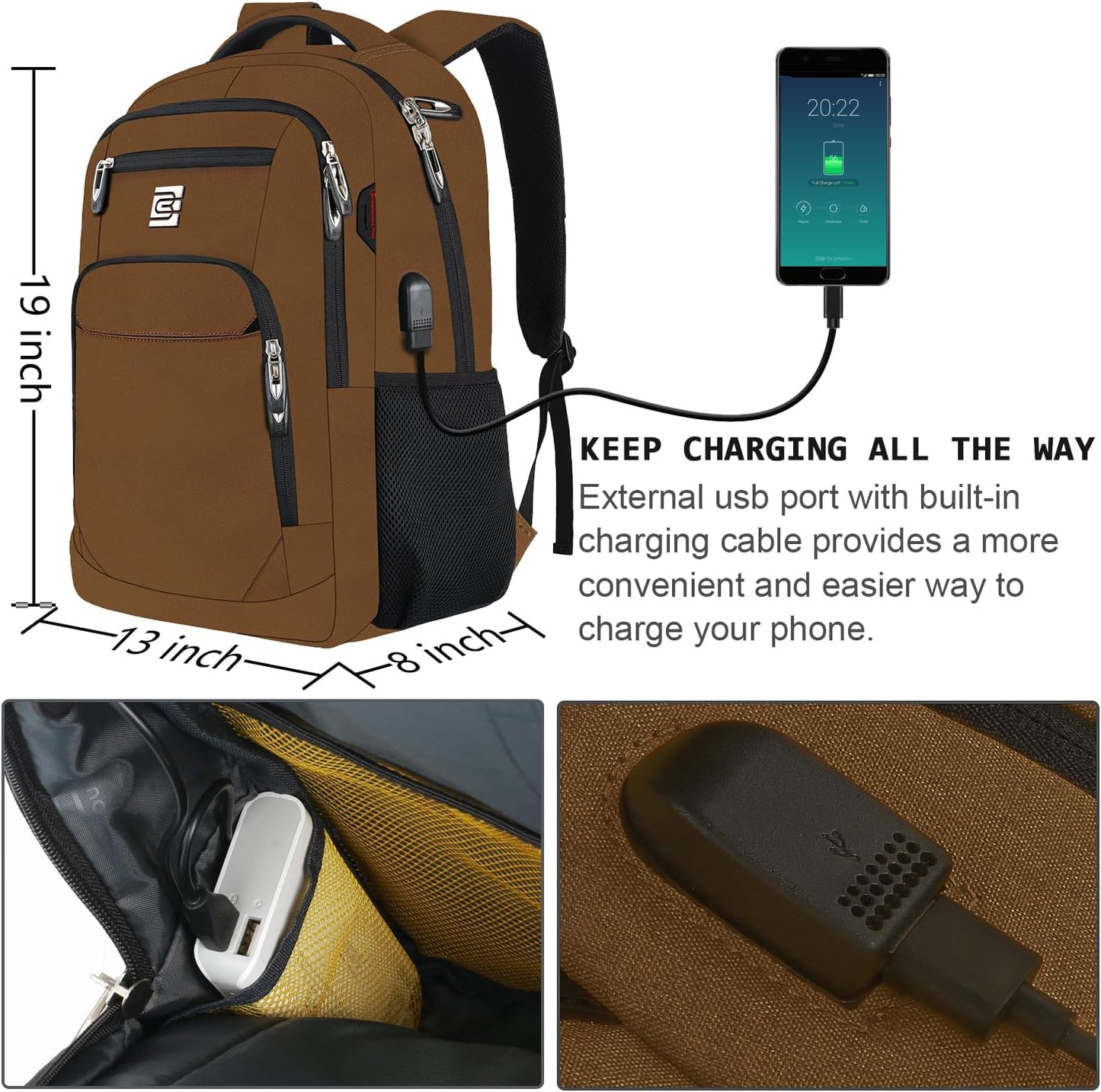 Volher Laptop Backpack,Business Travel Anti Theft Slim Durable Laptops Backpack with USB Charging Port,Water Resistant College Computer Bag for Women & Men Fits 15.6 Inch Laptop and Notebook-Brown