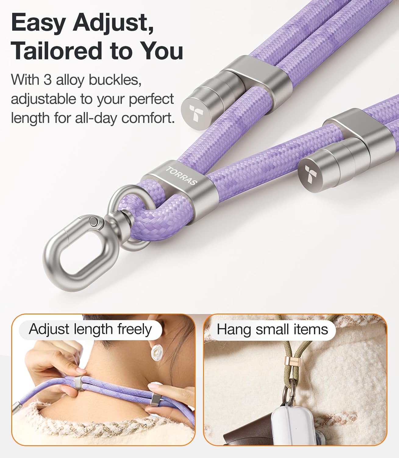TORRAS Phone Lanyard Crossbody with 2 Phone Tabs, Adjustable Anti Theft Phone Strap for All Phones, Premium Metal Buckles, Skin-Friendly, Universal Cell Phone Neck lanyard for Women and Men, Purple