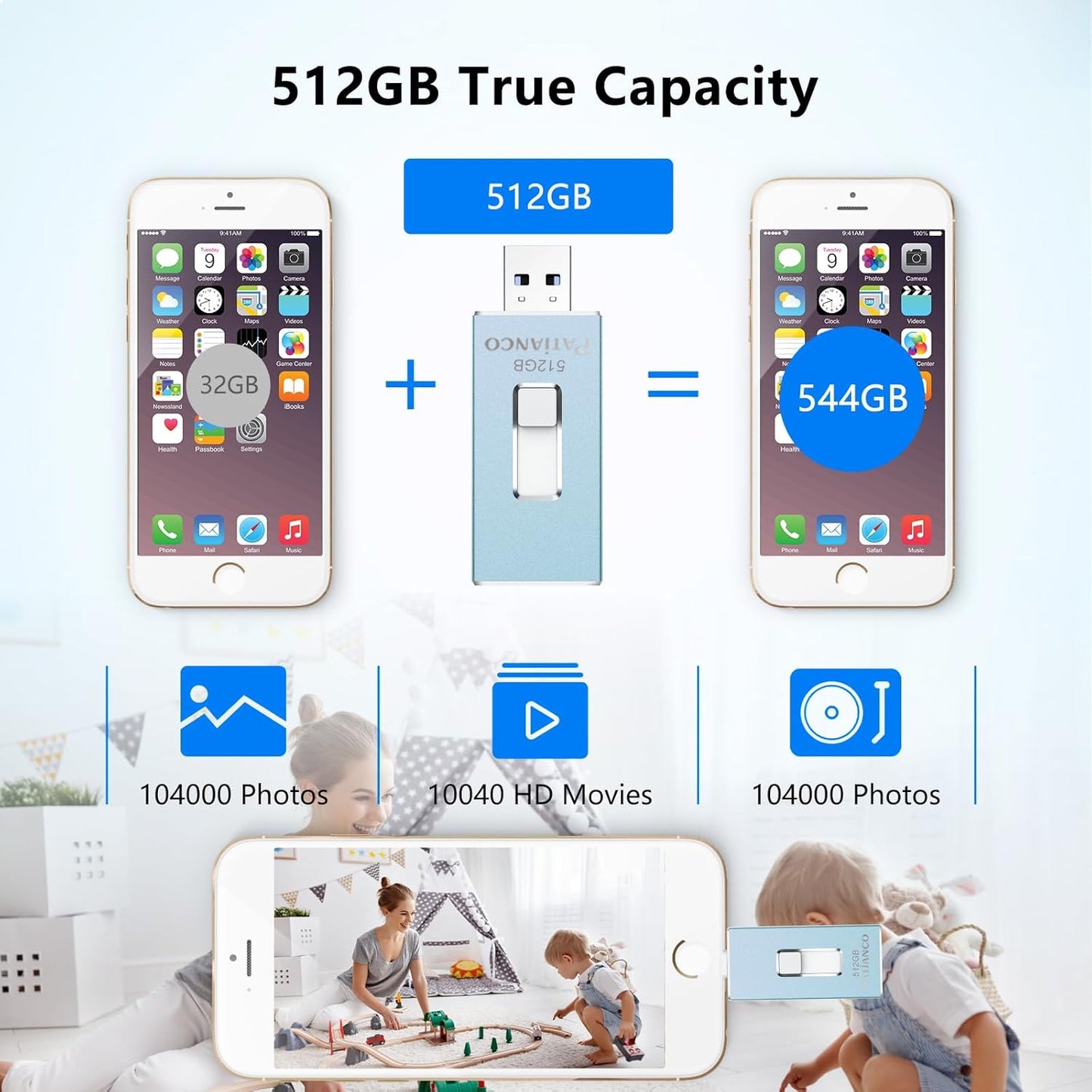 Patianco Apple MFi Certified 512GB iPhone/iPad USB Flash Drive, Lightning Connector, USB 3.0, 100/625 MB/s Read/Write, Portable Photo Stick for iPhone/iPad/Computer, Blue