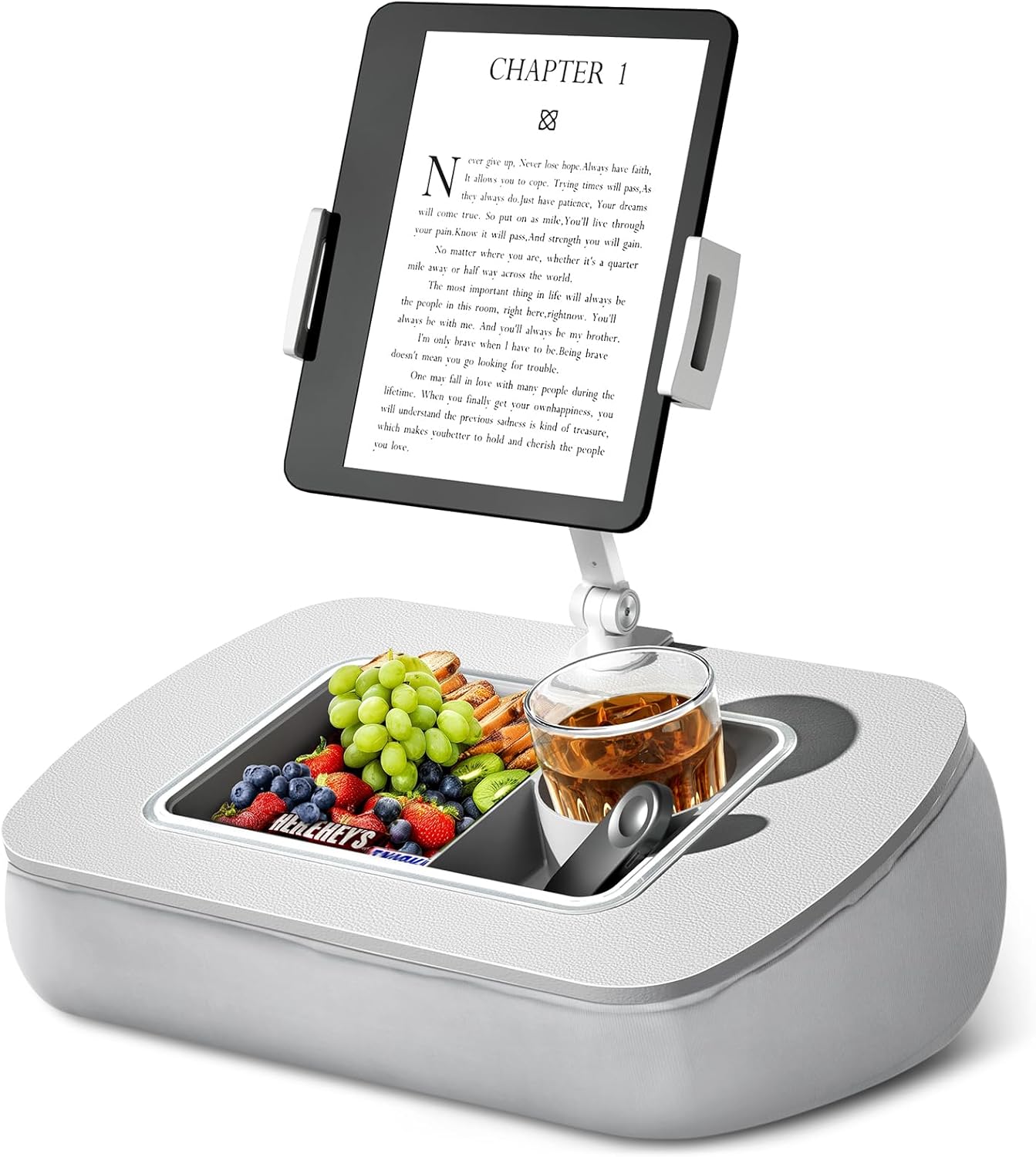 Tablet Stand Pillow with Snack Bowl, iPad Lap Holder for Hands-Free Reading and Relaxation on Bed,Couch,Recliner, 360° Rotating Clip for 4.7-13" Kindle,eBook,Tablet,iPhone (Light Gray)