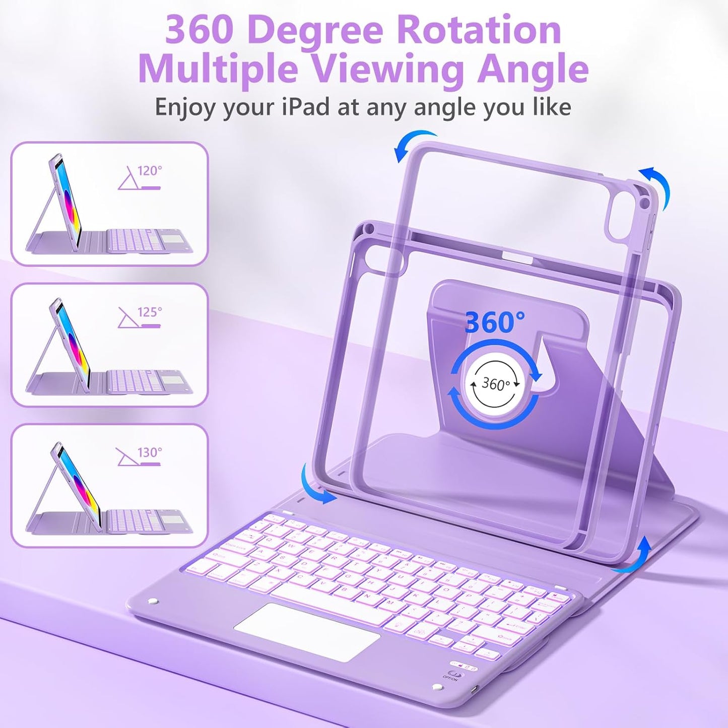 TaIYanG Touchpad for iPad A16 11th/10th Generation Case with Keyboard, 7 Color Backlit 360 Rotation Cover with Pencil Holder,Detachable Keyboard for iPad 11 inch 2025/10th Gen 10.9'' 2022 (Purple)