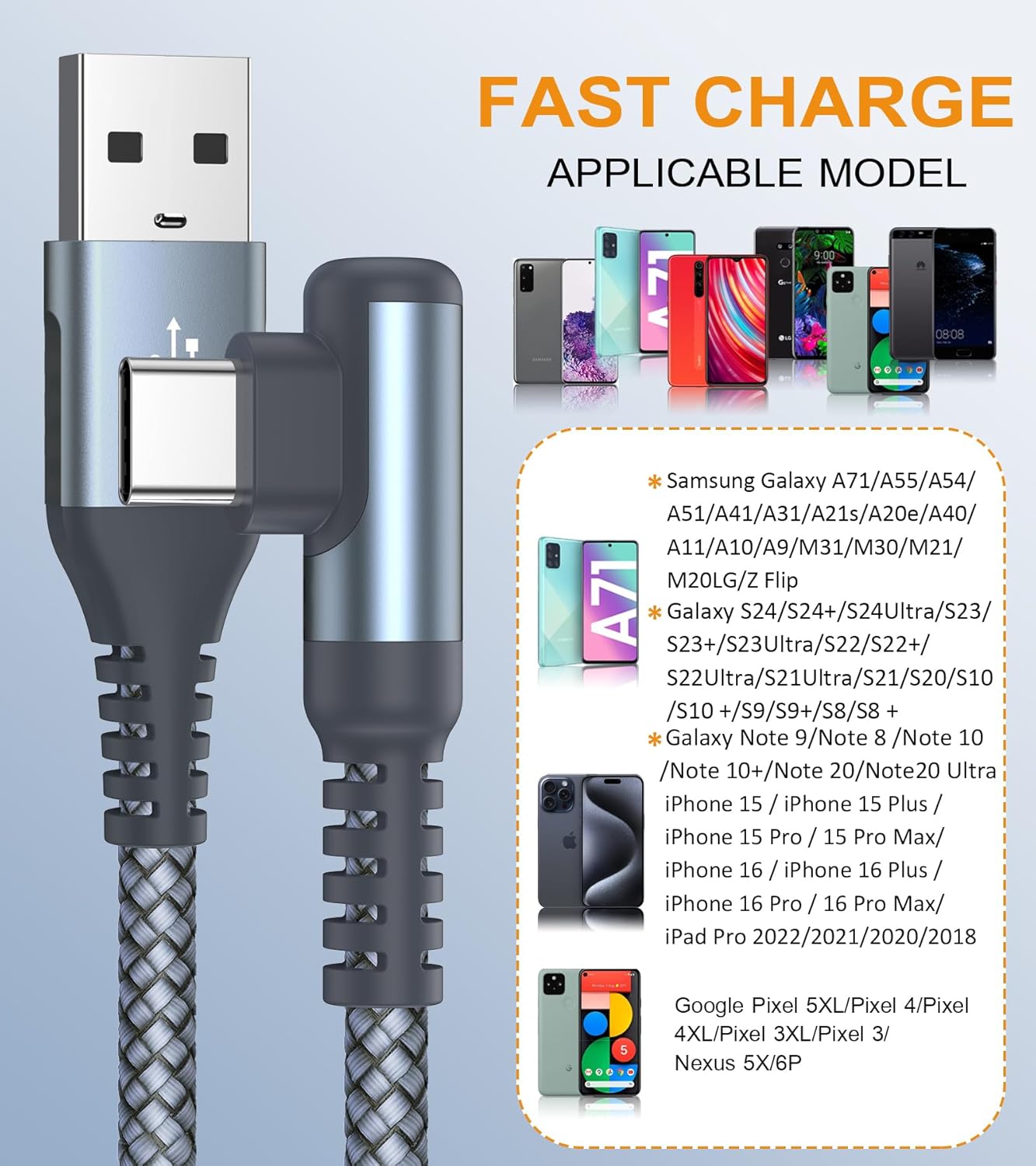 sweguard USB Type C iPhone 16 Pro Max Charger Cable Right Angle [2-Pack,6.6FT] 3.1A Fast Charging Cord for iPhone 16 15 Pro Max, Samsung Galaxy S25 S24 S23 S22 S21 S20 S10 A53 Note Flip Pixel LG Moto