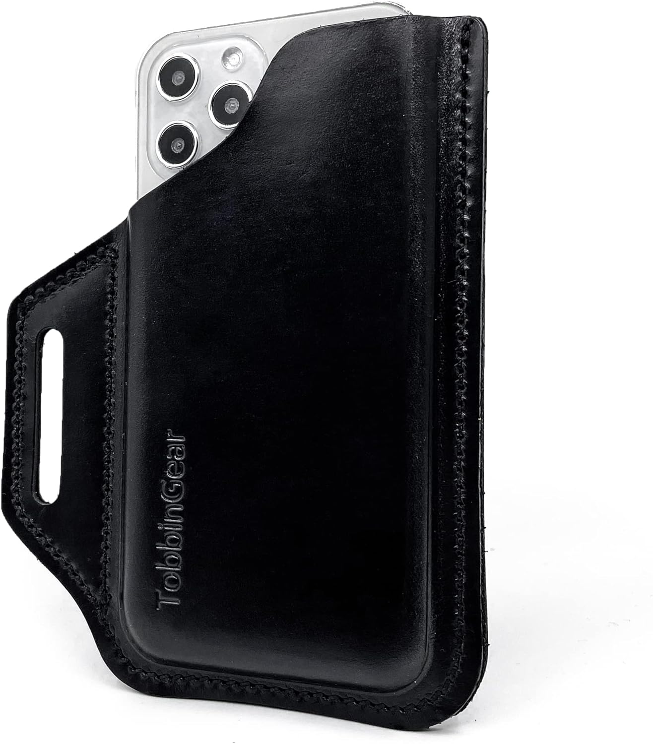 TobbinGear Leather Belt Phone Pouch, Leather Cell Phone Holster, Universal Phone Case with Belt Loops, for Men and Women Large Black