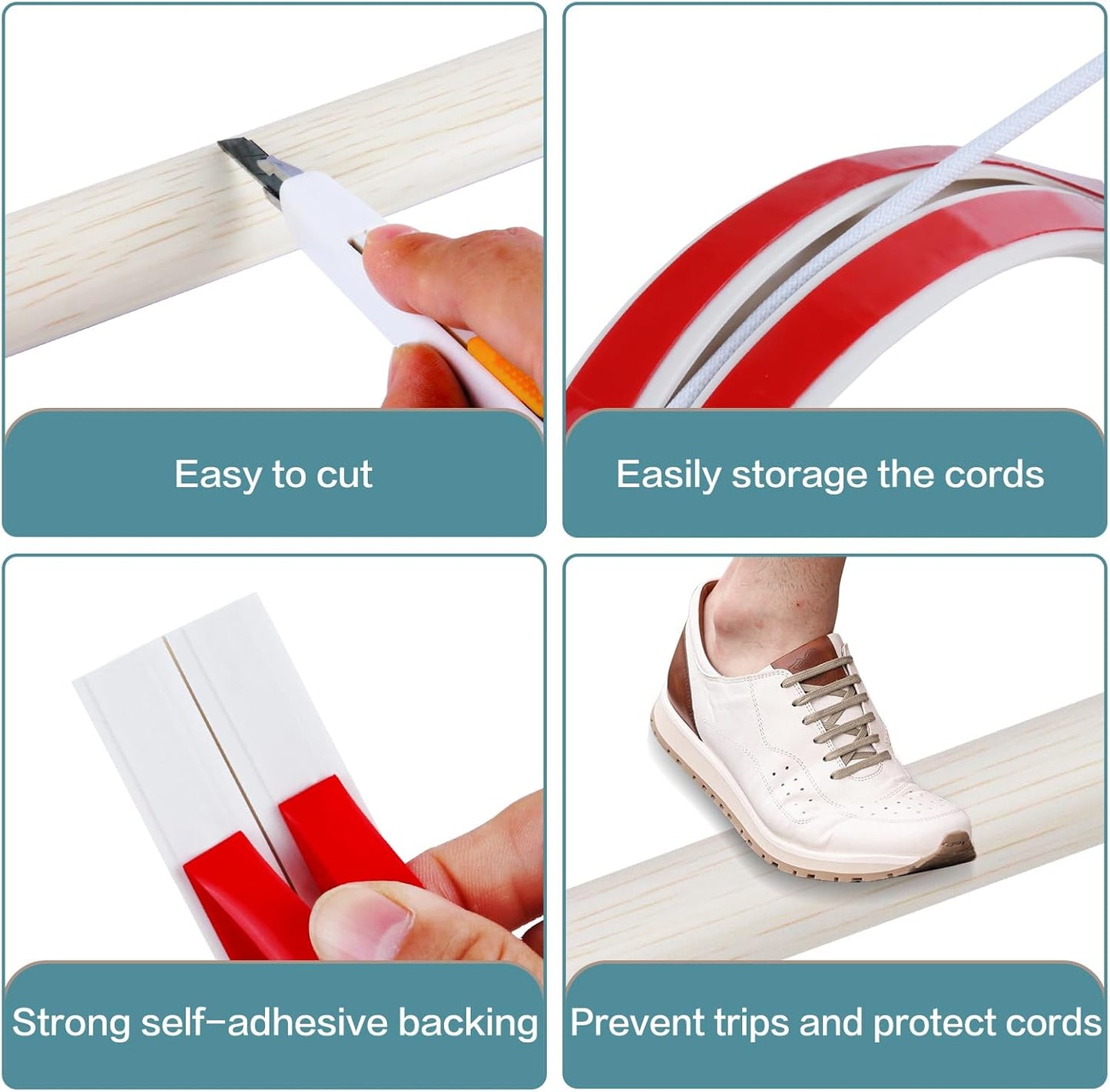 Floor Cord Cover Self Adhesive Cord Hider Floor Extension Cord Covers for Floor Power Cord Protector Cable Management Prevent Cable Trips Cable Cavity 0.51" W x 0.31" H (Beige Wood, 10Ft)