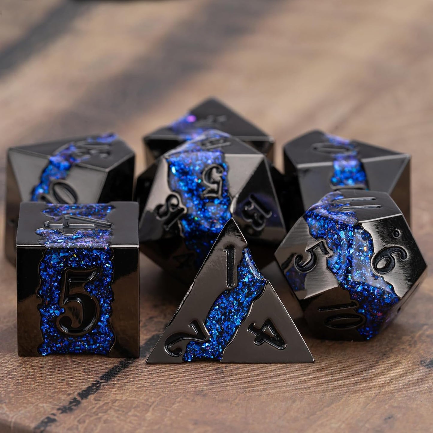 D&D Dice Set Metal,Large Striped Glitter Dice Set.RPG Polyhedral Dice 7pcs Set(Antique Nickel Dark Blue)