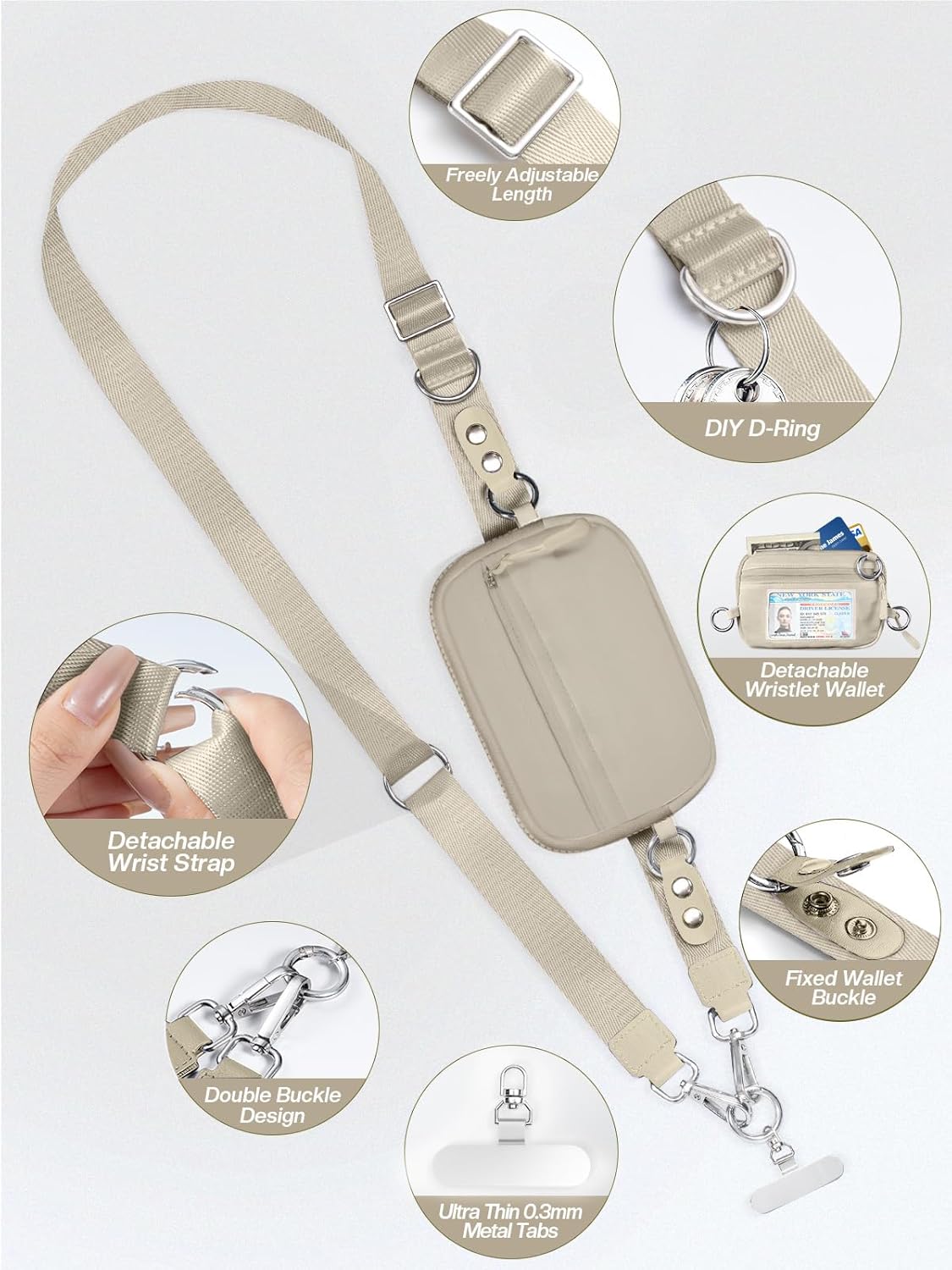 Clip and Go Strap for Phone with Wallet Crossbody Phone Lanyard Adjustable and Detachable RFID Wristlet Wallet with ID Window and Zipper, Khaki