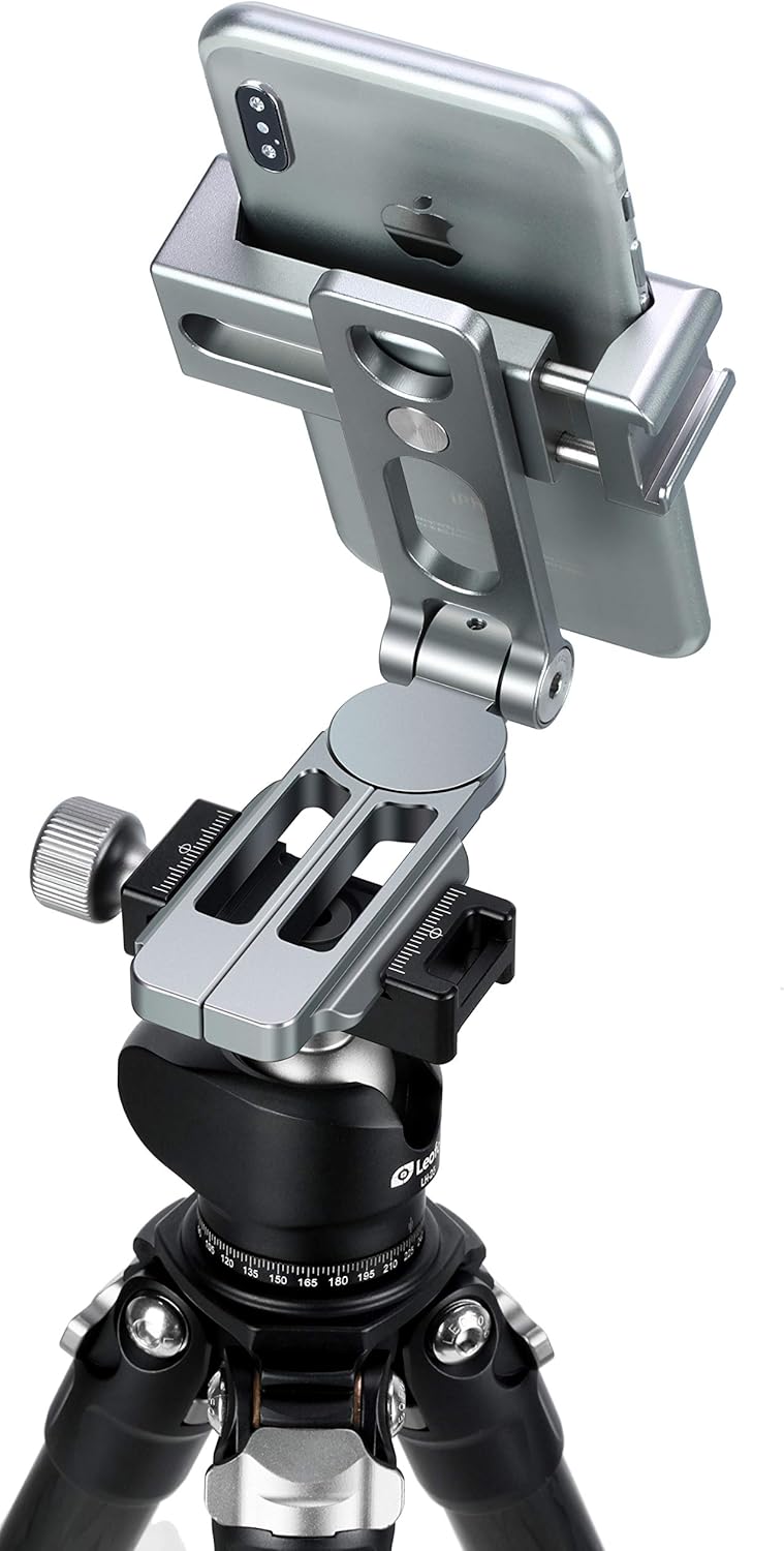 LEOFOTO PS-2 Phone Holder, Cell Phone Stand, Adjustable Angle, Compact and Portable, 1/4" Screw Thread, Arca Compatible (Silver)