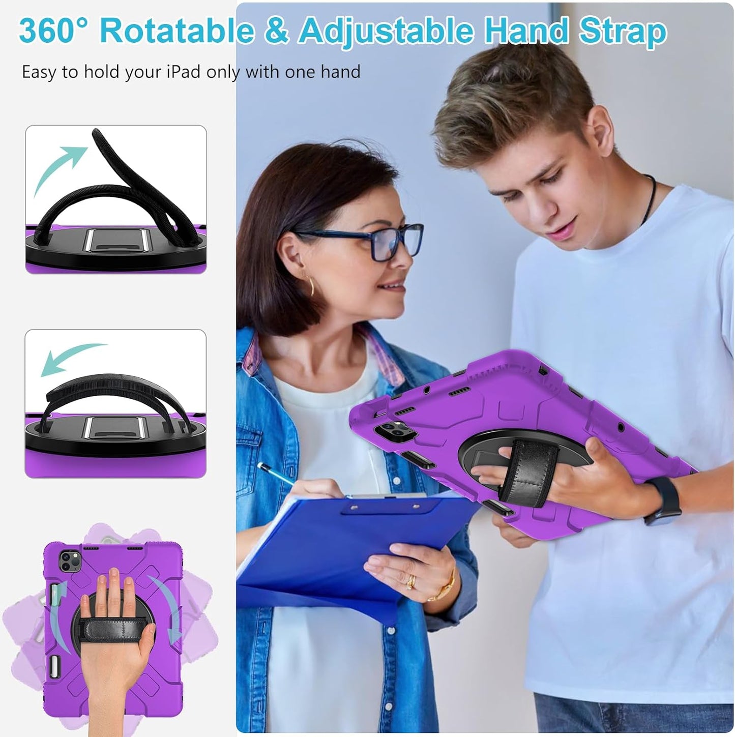 Case for iPad Pro 11 Inch 2022/2021/ 2020/2018: Silicone Cover for iPad 11 Inch 4th/ 3rd/ 2nd/ 1st/ Generation with Screen Protector- Stand- Handle- Shoulder Strap- Pencil Holder- Purple