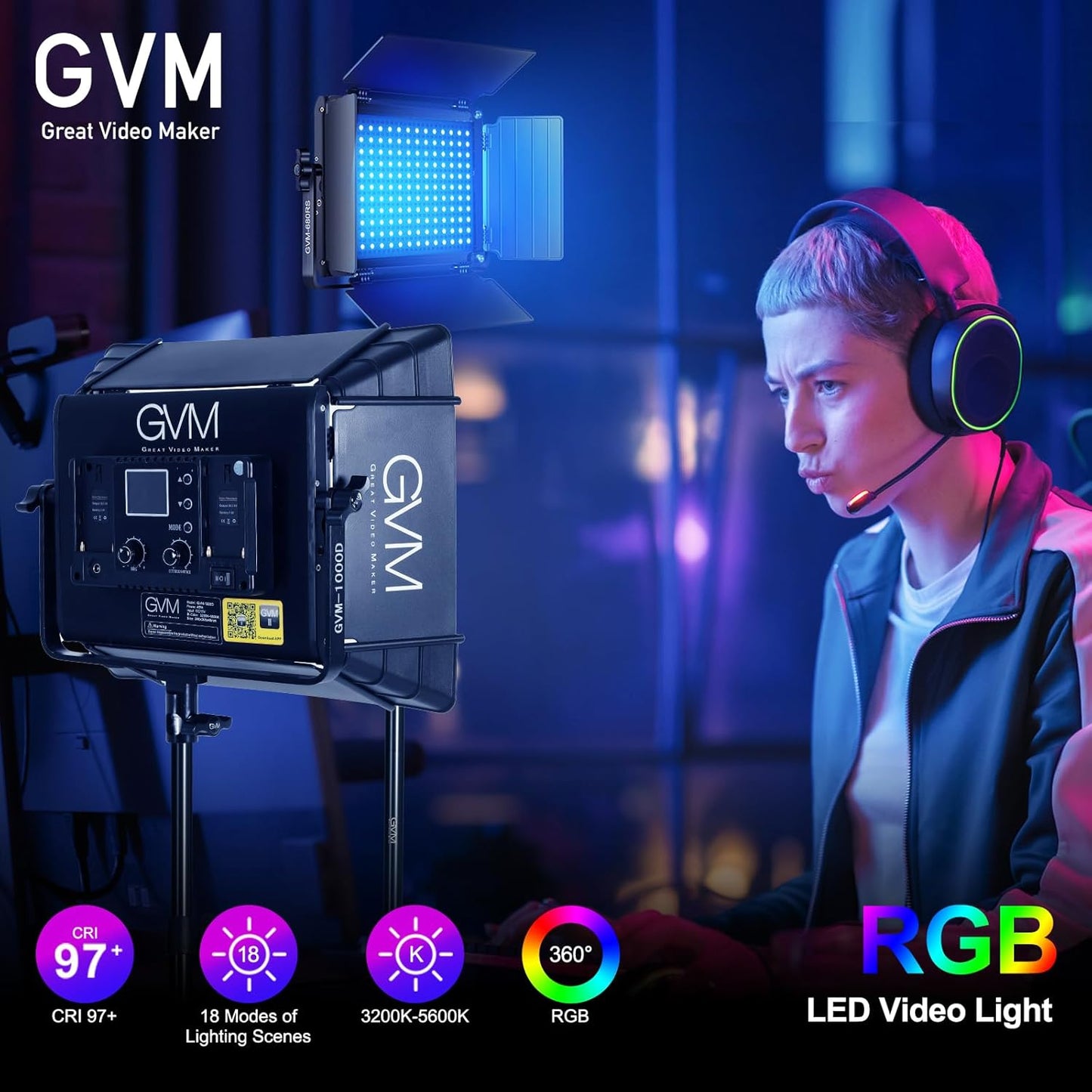 GVM RGB Photography Lighting Kits with 2 Softboxes, 680RS 50W Studio Lights with Bluetooth Control, 2 Packs Video Light with 18 Lighting Scenes, led Panel Lights for Video Recording, 8500lux/0.5m