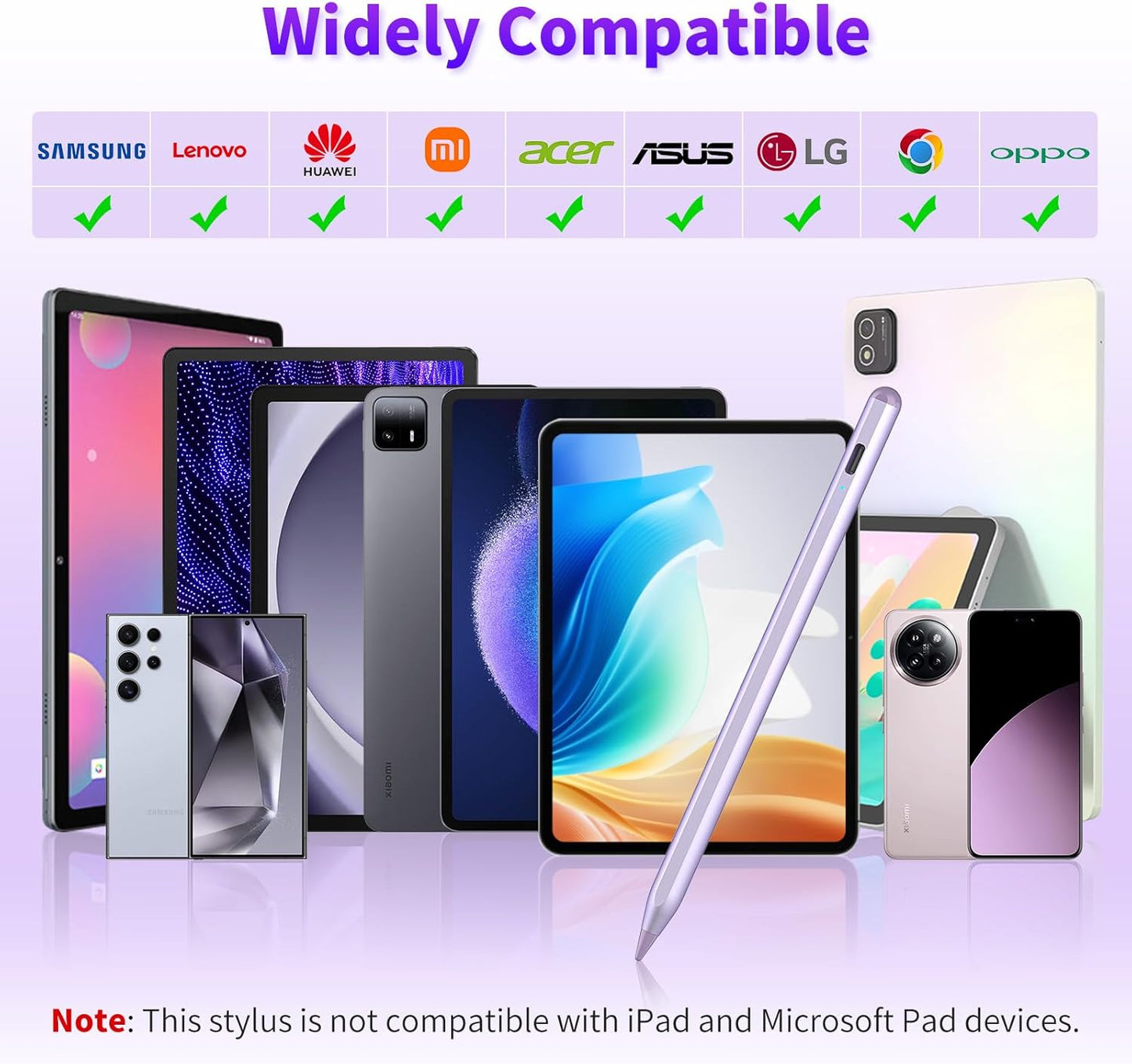 Stylus Pen for iOS&Android Touch Screens, Active Pencil for Samsung, Smart Digital Stylus Pens for Lenovo/Huawei/Vivo/Mi and Other Tablets, iPhone/Google Pixel Smart Phones Drawing&Writing (Purple)