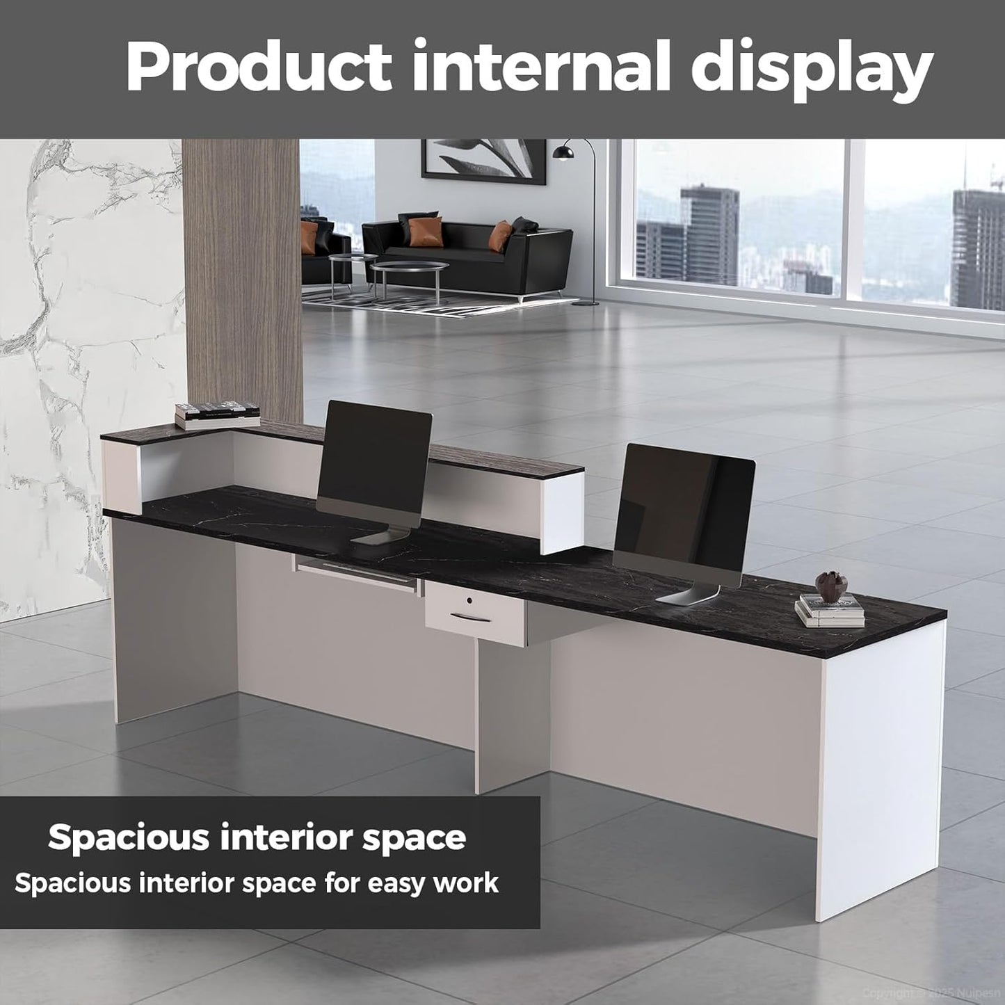 Reception Desk with Counter, Modern Front Desk Reception Counter with Keyboard Tray, Lockable Drawer and Storage Shelves for Office, Retail, Salon (White+Black/Right, 71" L*24" W*39" H)
