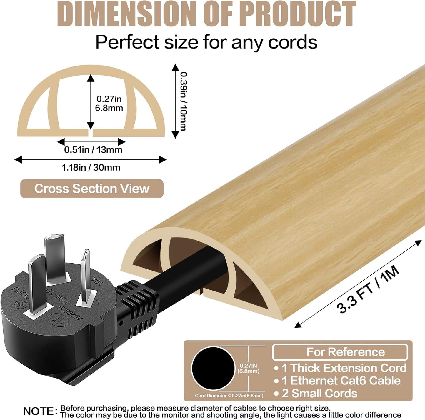 Floor Cord Cover Self Adhesive Cord Hider,3.3FT Cable Management, Extension Strip Protector for Wires, Prevent Cable Trips for Offices, Gyms, Exhibitions Cavity:0.39"(W) x0.27(H) WoodLightyellow