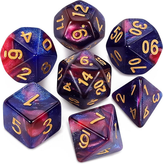 QMAY DND Dice Set - Polyhedral Dice (Blue Mix Purple Nebula) 7 Pcs for Dungeon and Dragons D&D RPG Role Playing Games Dice with Dice Bag