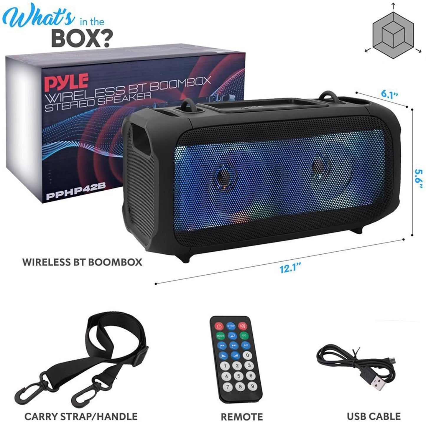 Pyle Wireless Portable Bluetooth Boombox Speaker - 120W Rechargeable Boom Box Speaker Portable Barrel Loud Stereo System - Flashing LED, FM Radio/Aux/MP3/USB Flash Drive/Micro SD, & 1/4" PPHP42B,Black