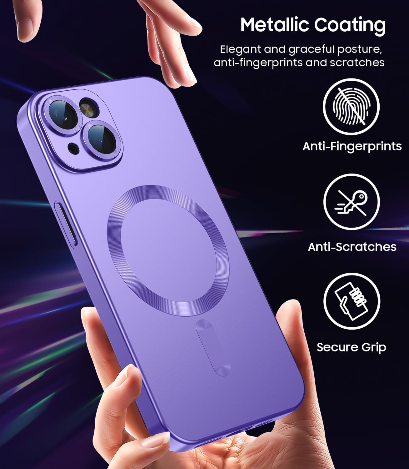 Magnetic for iPhone 14 Case [Compatible with MagSafe][Built-in Camera Lens Protector] Slim Soft Silicone Bumper Shockproof Metallic Luster Phone Case (Purple)