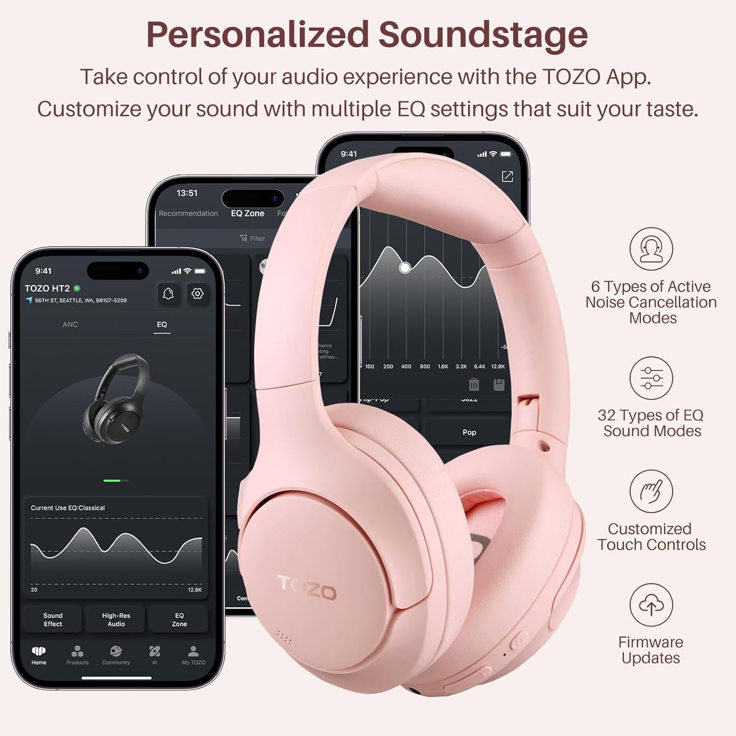 TOZO HT2 Hybrid Active Noise Cancelling Headphones, Wireless Over Ear Bluetooth Headset, 60H Playtime, Hi-Res Audio Custom EQ via App Deep Bass Comfort Fit Ear Cups, for Home Office Travel Pink