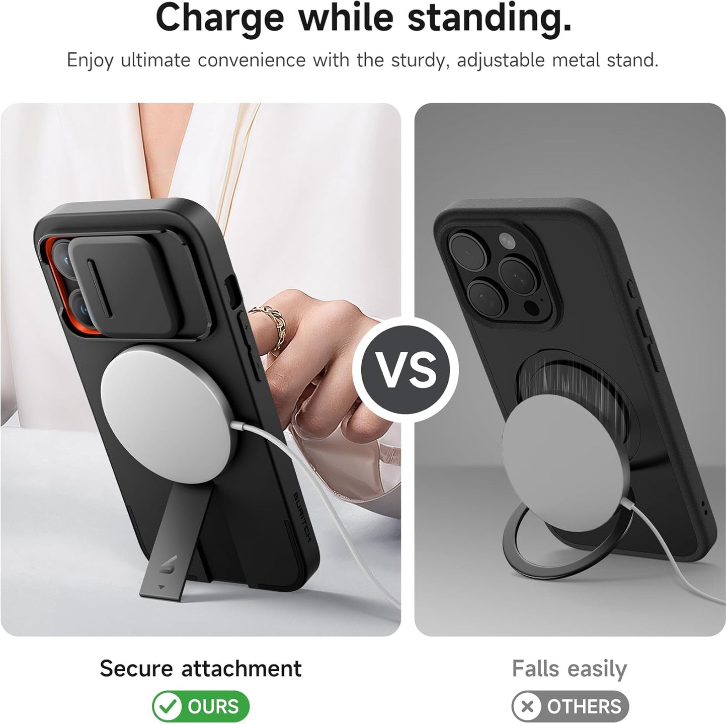 SURITCH for iPhone 14 Pro Case with Magnetic Camera Slide Cover and Adjustable Kickstand, Compatible with MagSafe, Shockproof Bumper Case Slim Protective Cover for iPhone 14 Pro 6.1 Inch, Black