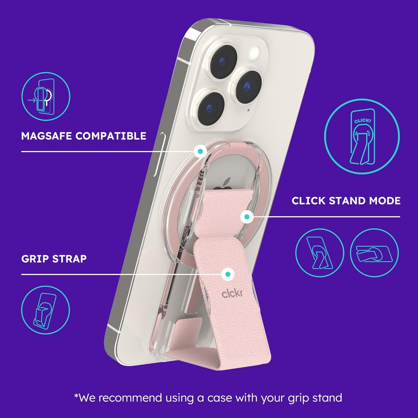 CLCKR Finger Phone Grip for MagSafe Stand, Phone Grip Loop Holder with Kickstand, Magnetic Phone Grip Holder, for iPhone 16/15/14/13/12 Pro Max Plus Series, Clear Pink