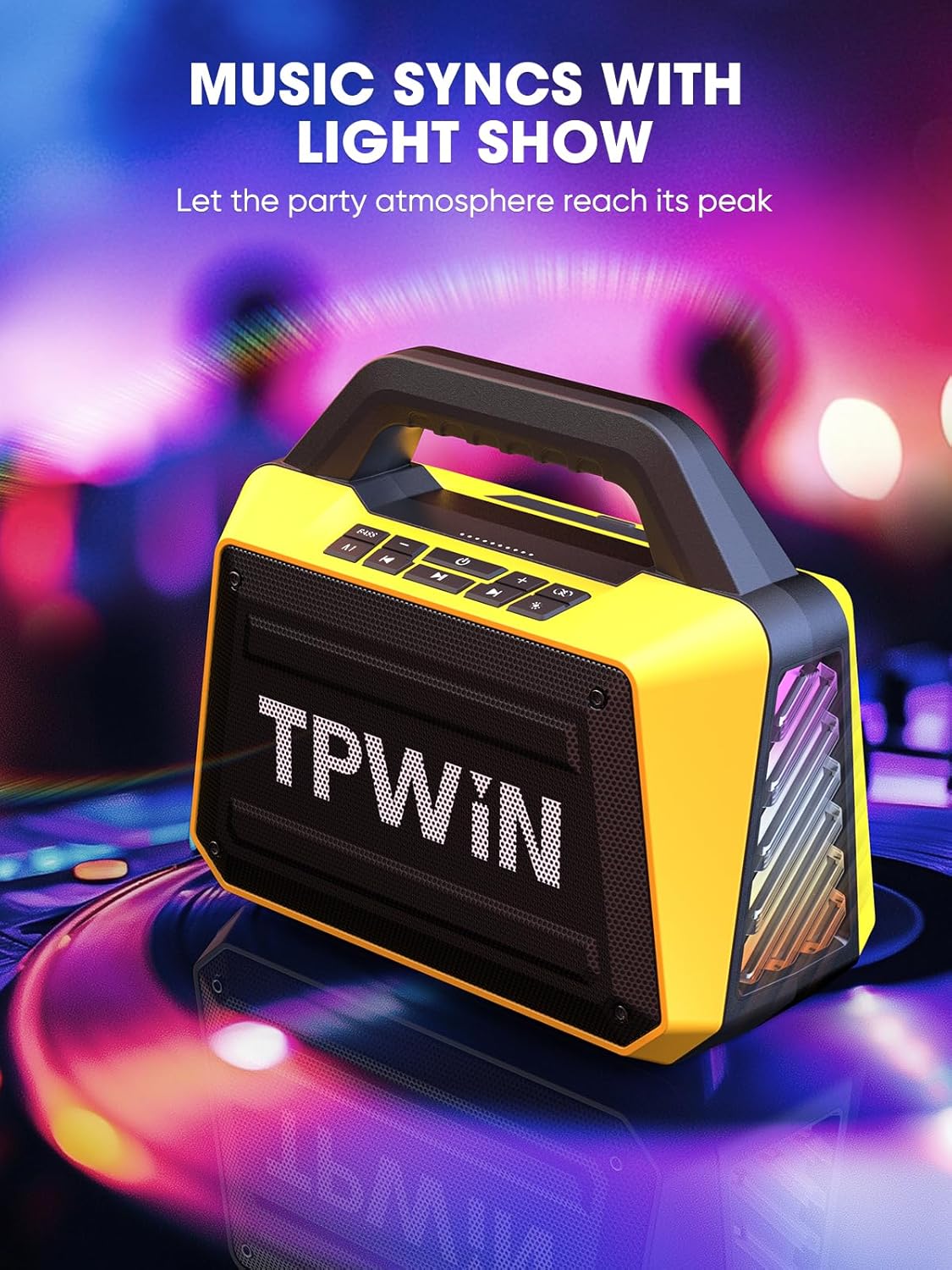 Portable Bluetooth Speakers - Wireless Jobsite Speaker 80W Peak, TWS, Light Shows, Loud Speaker with Deep Bass, BT 5.3, IPX6 Waterproof, 20H Playtime for Outdoor Beach Camping Garage - Yellow