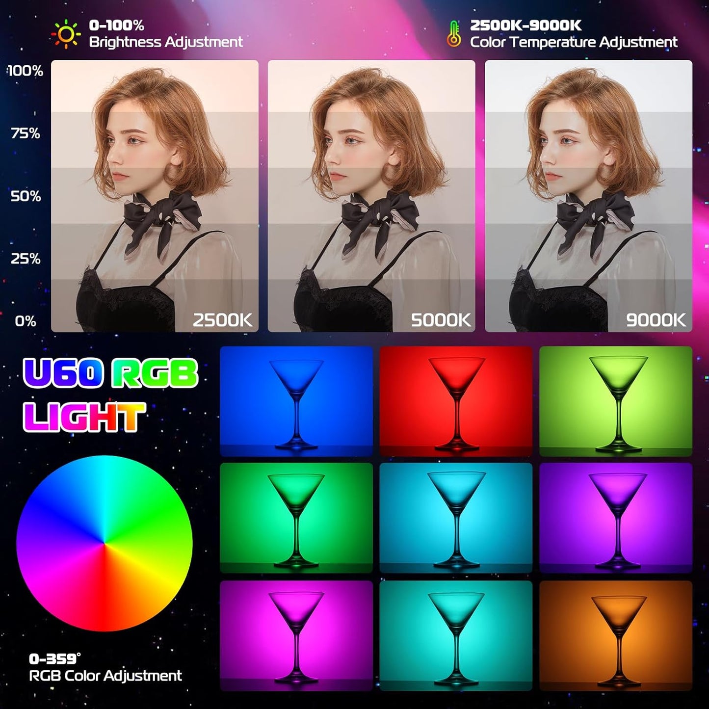 ULANZI U60 RGB Video Lights White LED Camera Light 360° Full Color Portable Photography Lighting w Quick Release Cold Shoe Adapter and Clip, 2500mAh Rechargeable CRI 95+ 2500-9000K Dimmable Panel Lamp