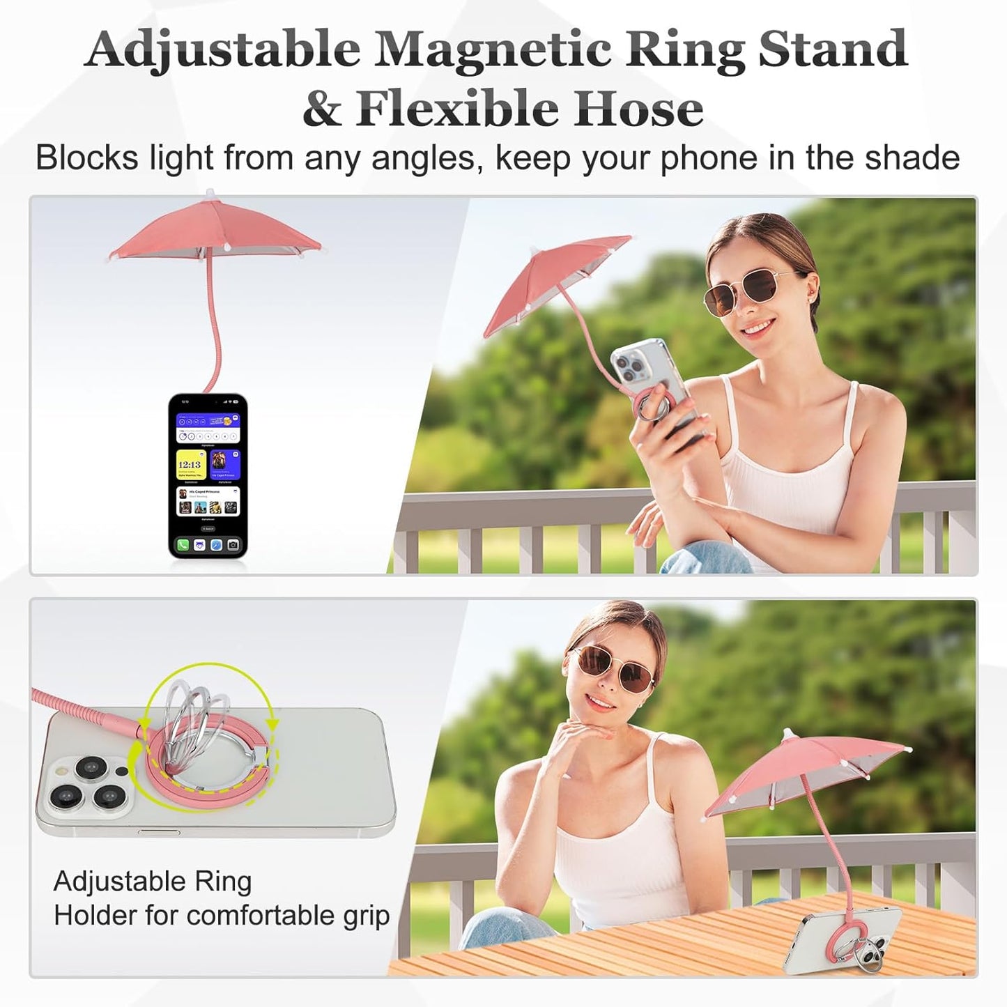 Magnetic Umbrella Phone Stand for Sun Protection,Adjustable Sun Shade Shield for iPhone 16/15/14/13/12 Pro Max,Samsung & Google,Detachable Ring Stand,Heat-Resistant Design,Car Mount Compatible, Pink