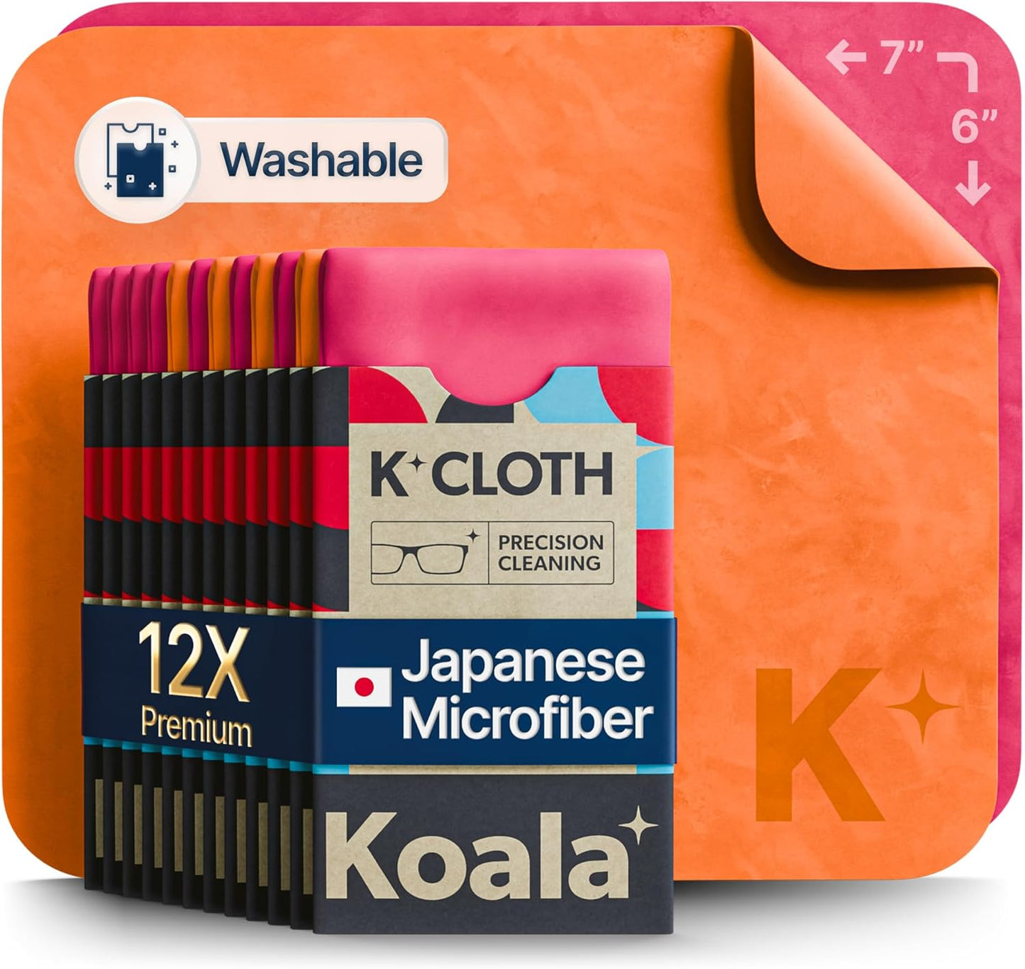 Koala Lens Cleaning Cloth | Japanese Microfiber | Glasses Cleaning Cloths | Eyeglass Lens Cleaner | Eyeglasses, Camera, VR/AR Headset, and Screen Cleaner | Pink & Orange (Pack of 12)