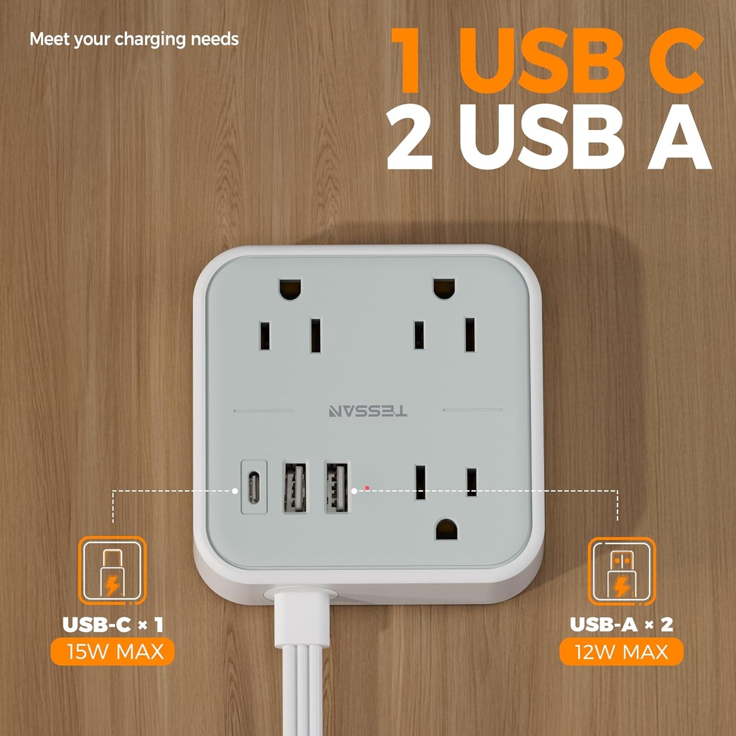 Short Extension Cord with Multiple Outlets 3 FT, TESSAN Small Flat Plug Power Strip with 3 USB (1 USB C) and Multi Outlets, Surge Protector Charging Station for Office, School, Dorm Room Essentials