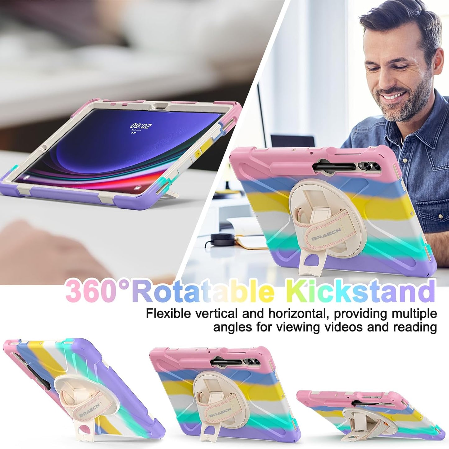 BRAECN for Galaxy Tab S10 Plus Case 2024&S9 FE Plus/S8 Plus/S7 Plus /S7 FE 12.4 Inch,Heavy Duty Shockproof Case with S Pen Holder&360 Rotating Hand Strap/Kickstand/Shoulder Strap for Tab S10+,Rainbow