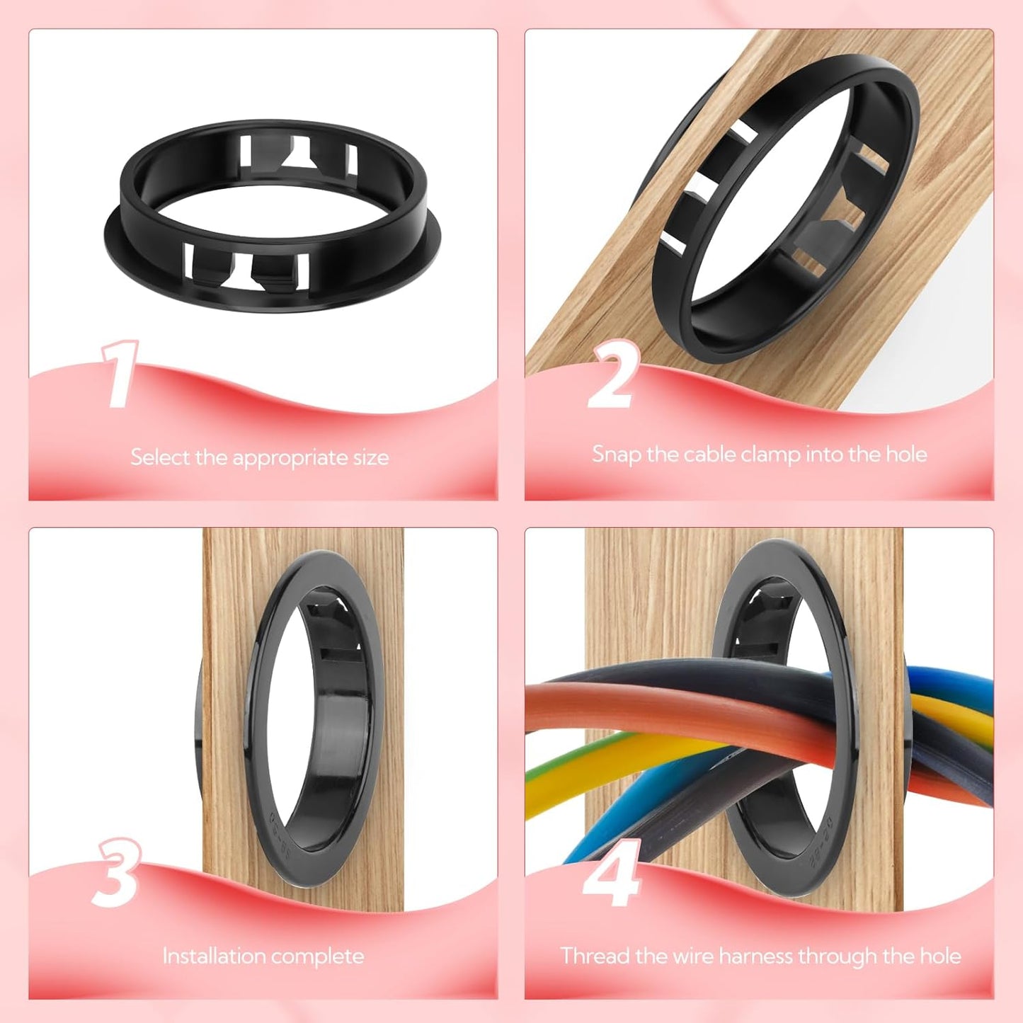 5PCS 3-9/16" Black Cable Snap Bushing Grommet, Snap in Cord Bushing Protect Cables