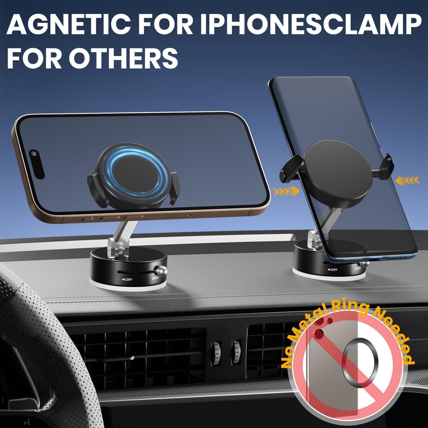 Upgraded 360° Adjustable Vacuum Magnetic Phone Holder, Vacuum Suction Magnetic Phone Mount with Clamp Foldable Phone Holder for Car/Gym/Mirror/Smooth Surface, Suitable with All Smartphones (Black)