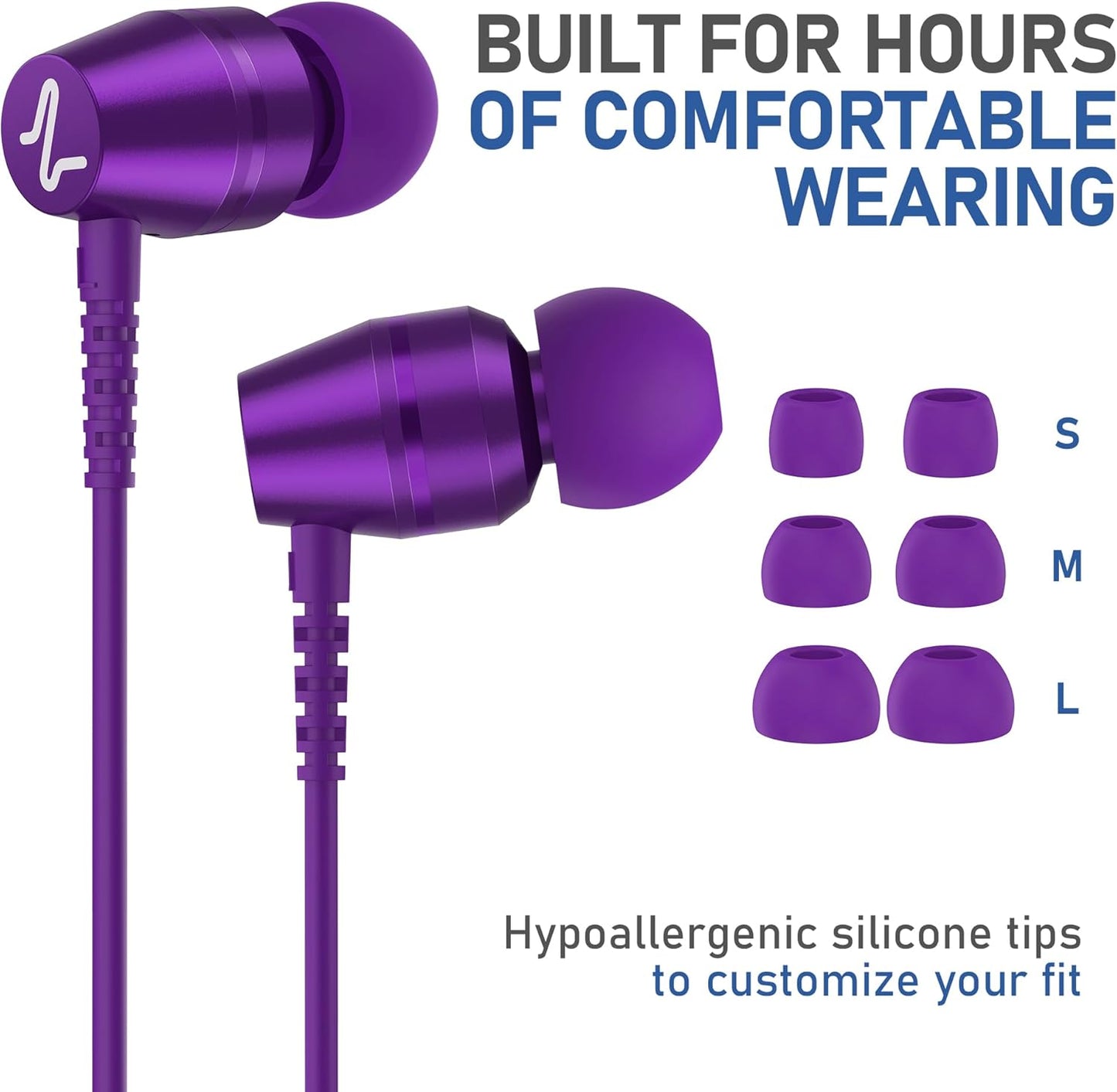 LUDOS OMNITONE Wired Earbuds in-Ear Headphones, 5 Years Warranty, Earphones with Microphone, 3.5 mm Jack Corded Ear Buds, Videoconference for iPhone, Samsung, Laptop, Kids, School Students - Purple